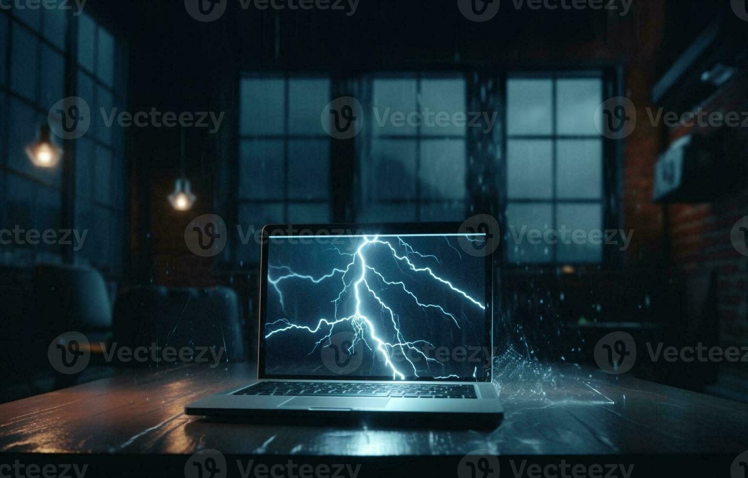 Bank lightning icon chained laptop computer in glass room. AI Generative. photo