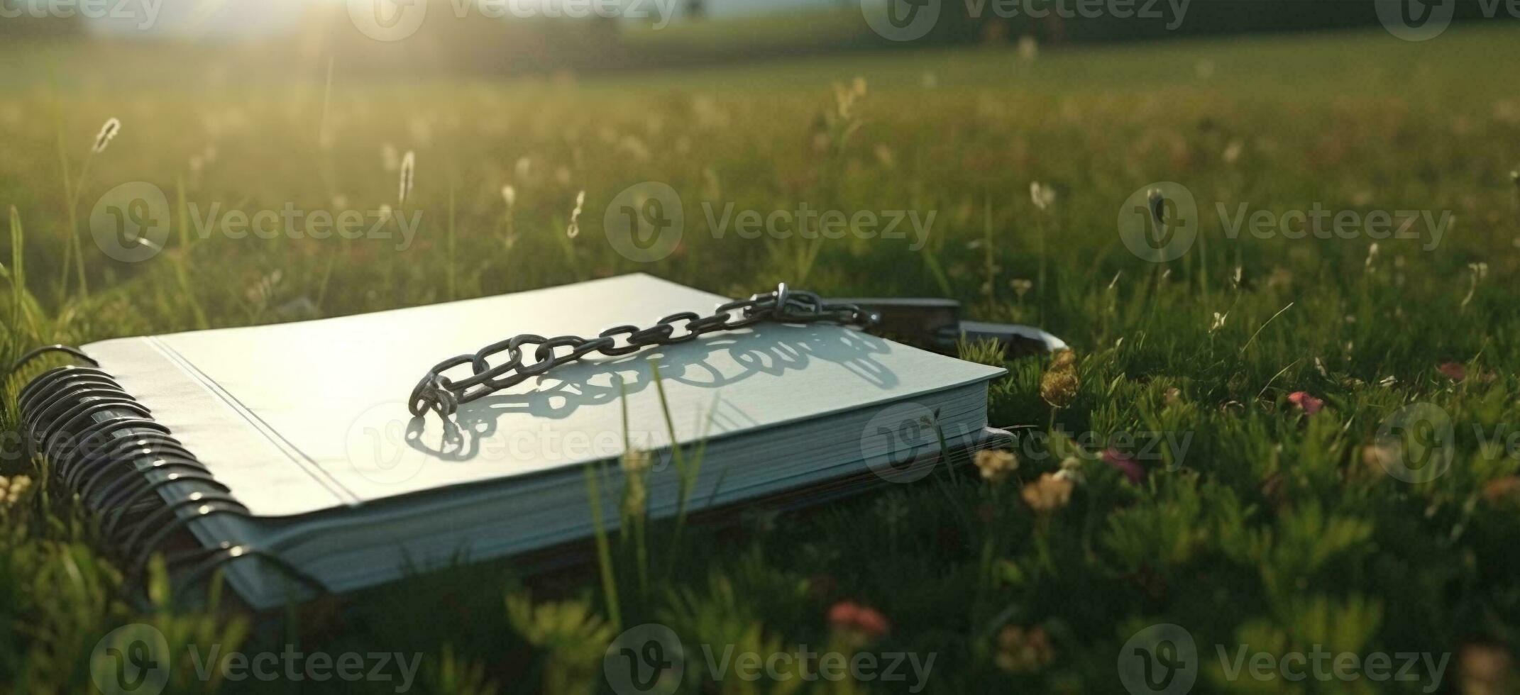 Bank icon, Chained notebook at the meadow during the day. AI Generative. photo