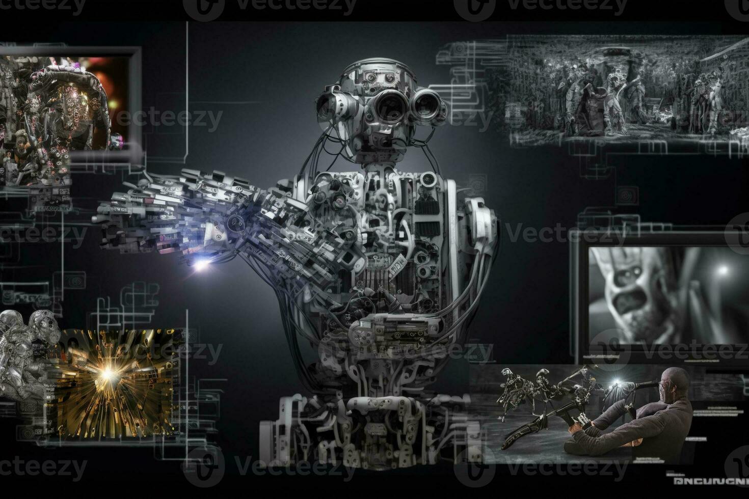 AI Metaverse concept collage with robots on Forex technology. AI Generative. photo