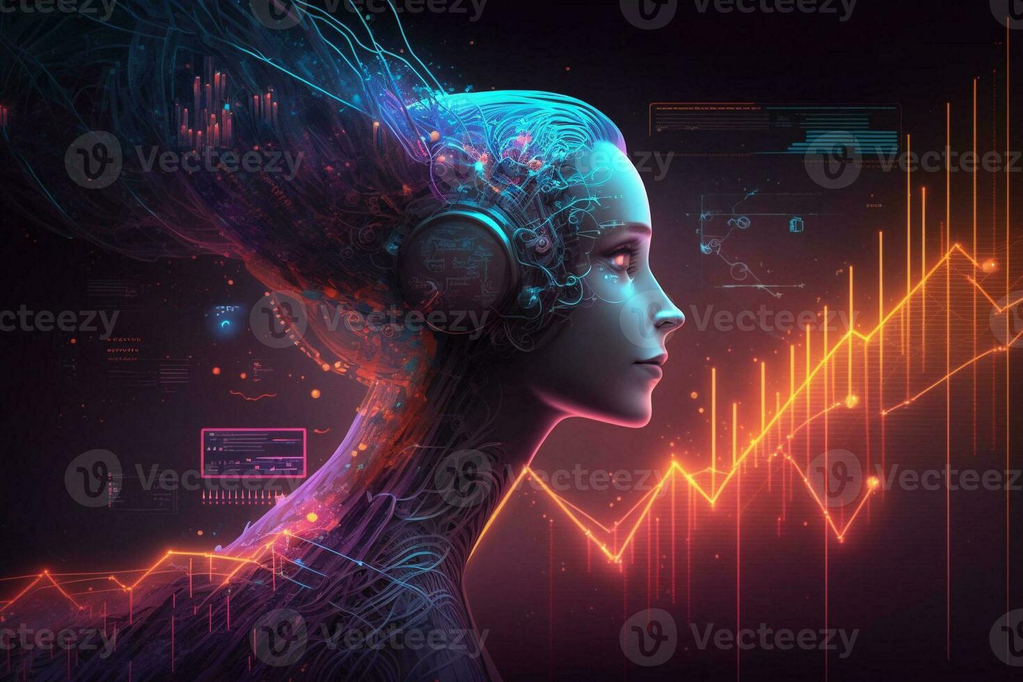 AI Metaverse concept collage with robots on Forex technology. AI Generative. photo