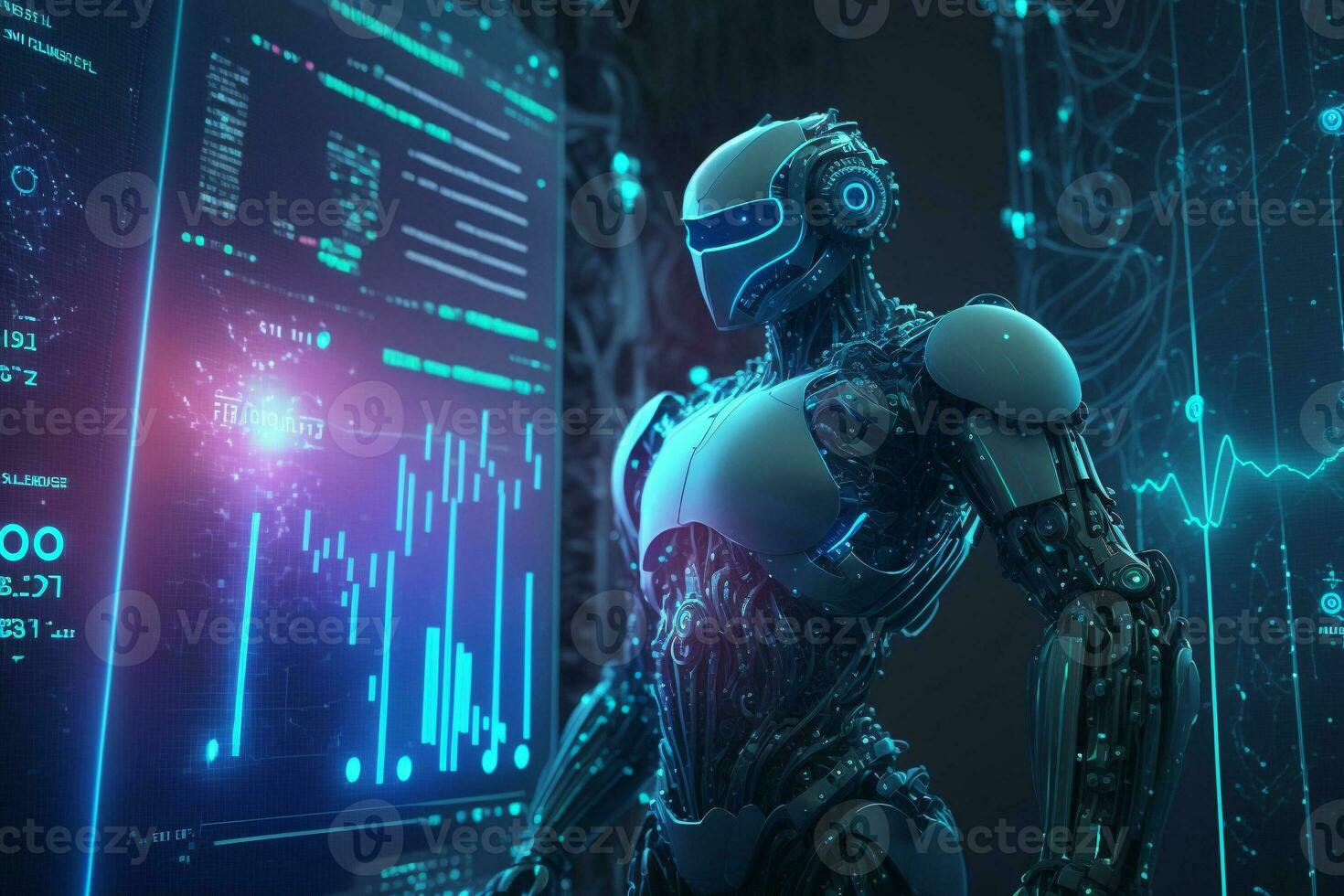 AI Metaverse concept collage with robots on Forex technology. AI Generative. photo