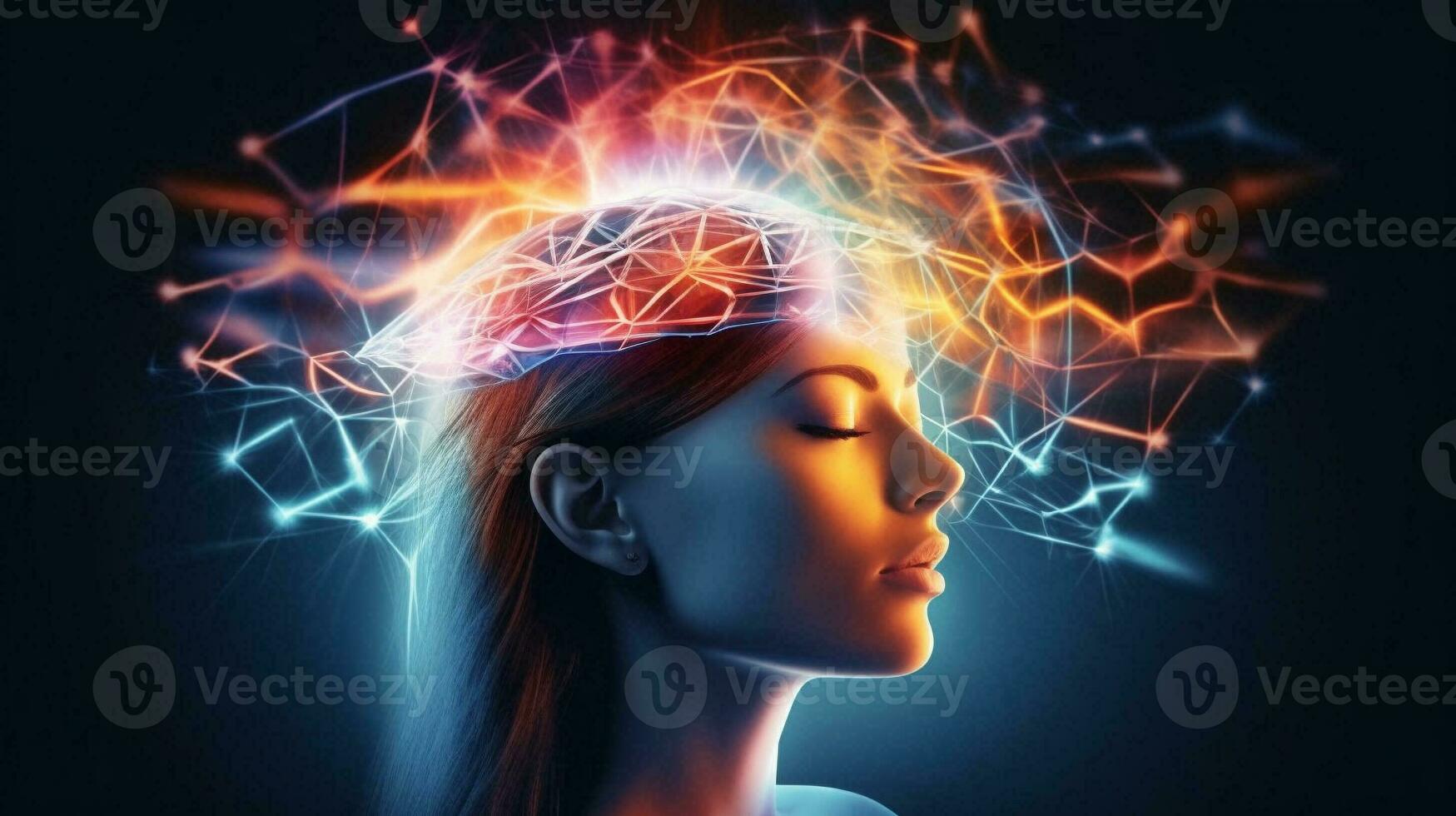 Brain on head of woman sleeping dreaming seeing AI Metaver. AI Generative. photo