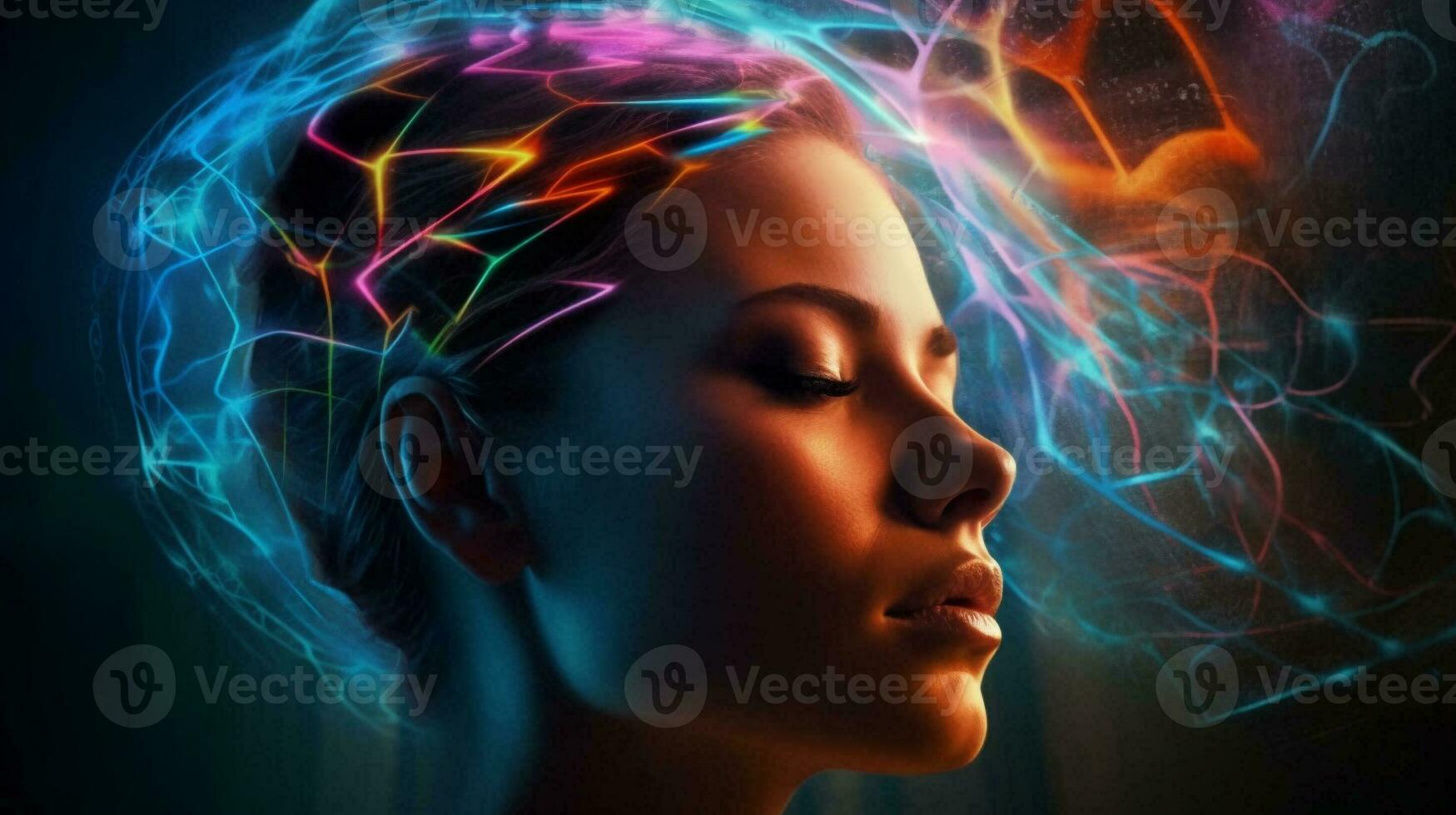 Brain on head of woman sleeping dreaming seeing AI Metaver. AI Generative. photo