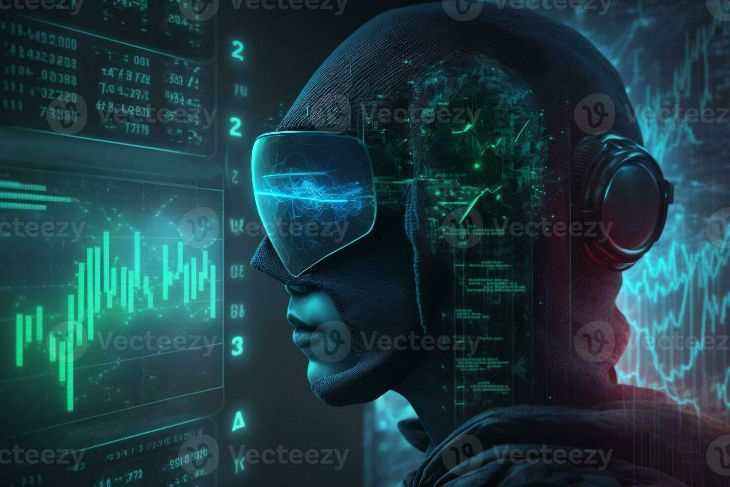 AI Metaverse concept collage with robots on Forex technology. AI Generative. photo