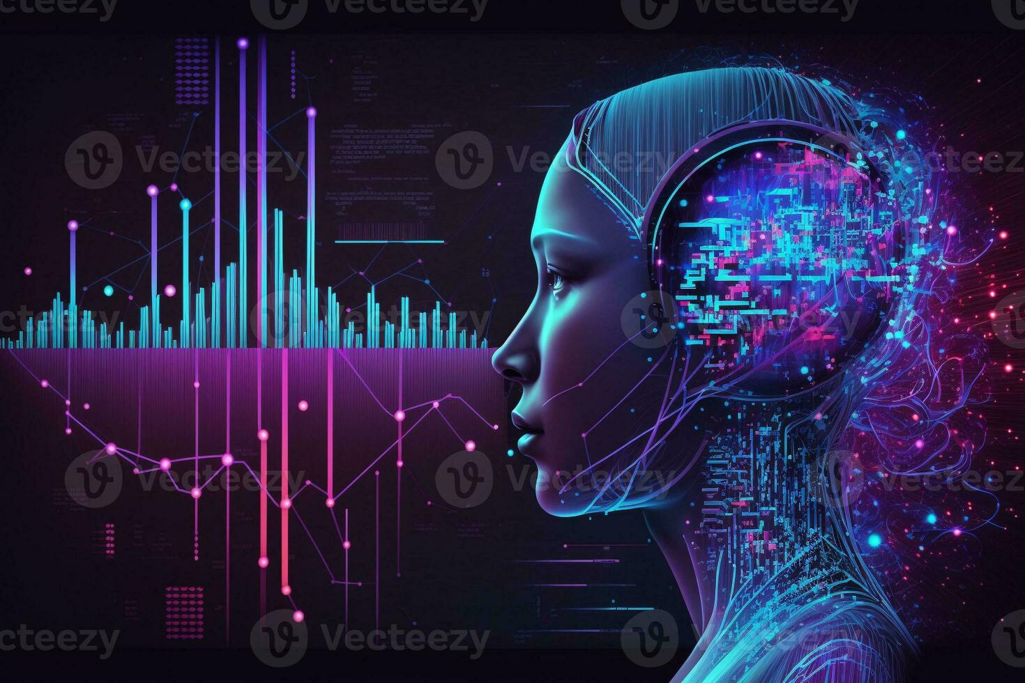 AI Metaverse concept collage with robots on Forex technology. AI Generative. photo