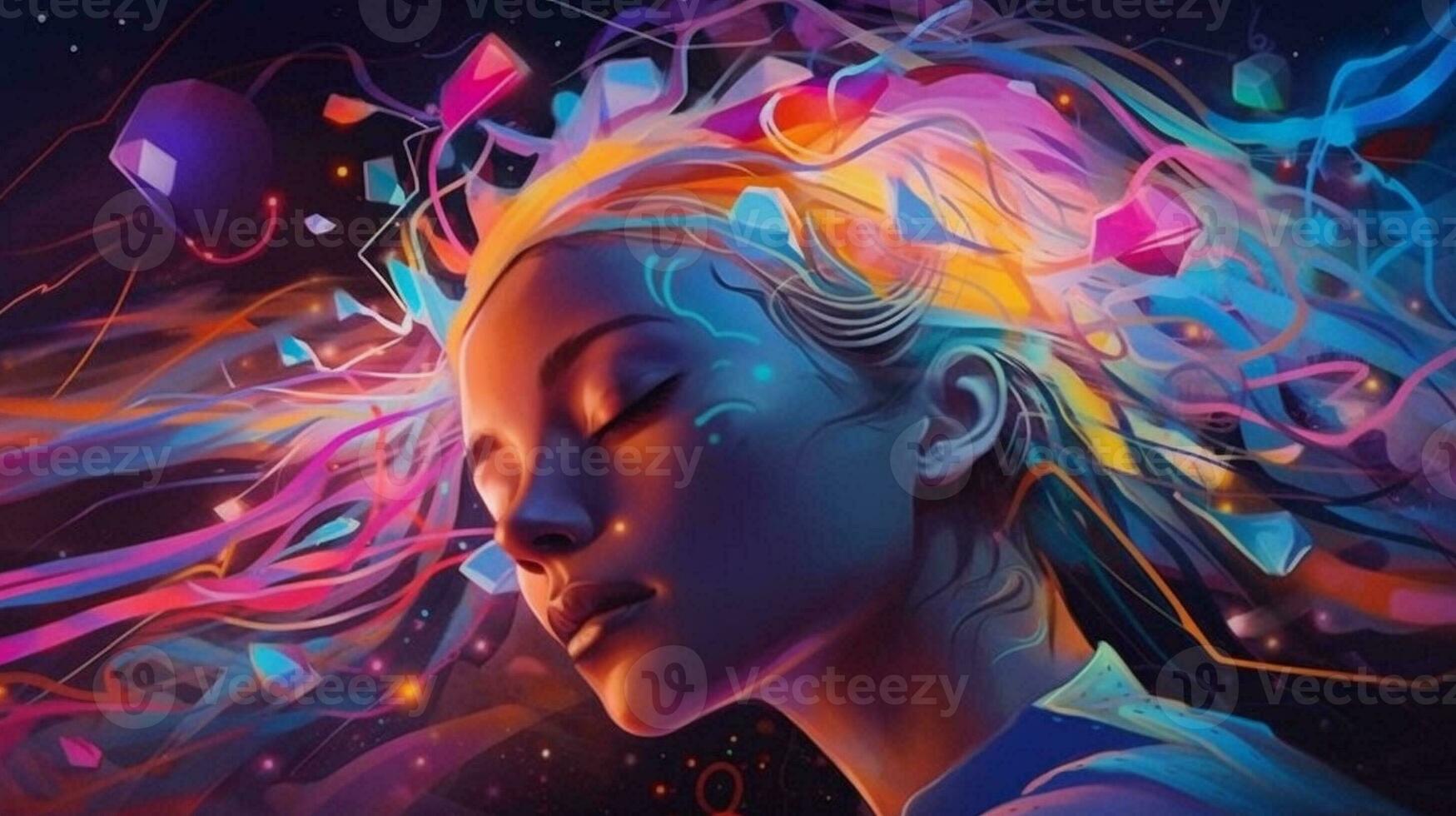 Brain on head of woman sleeping dreaming seeing AI Metaver. AI Generative. photo