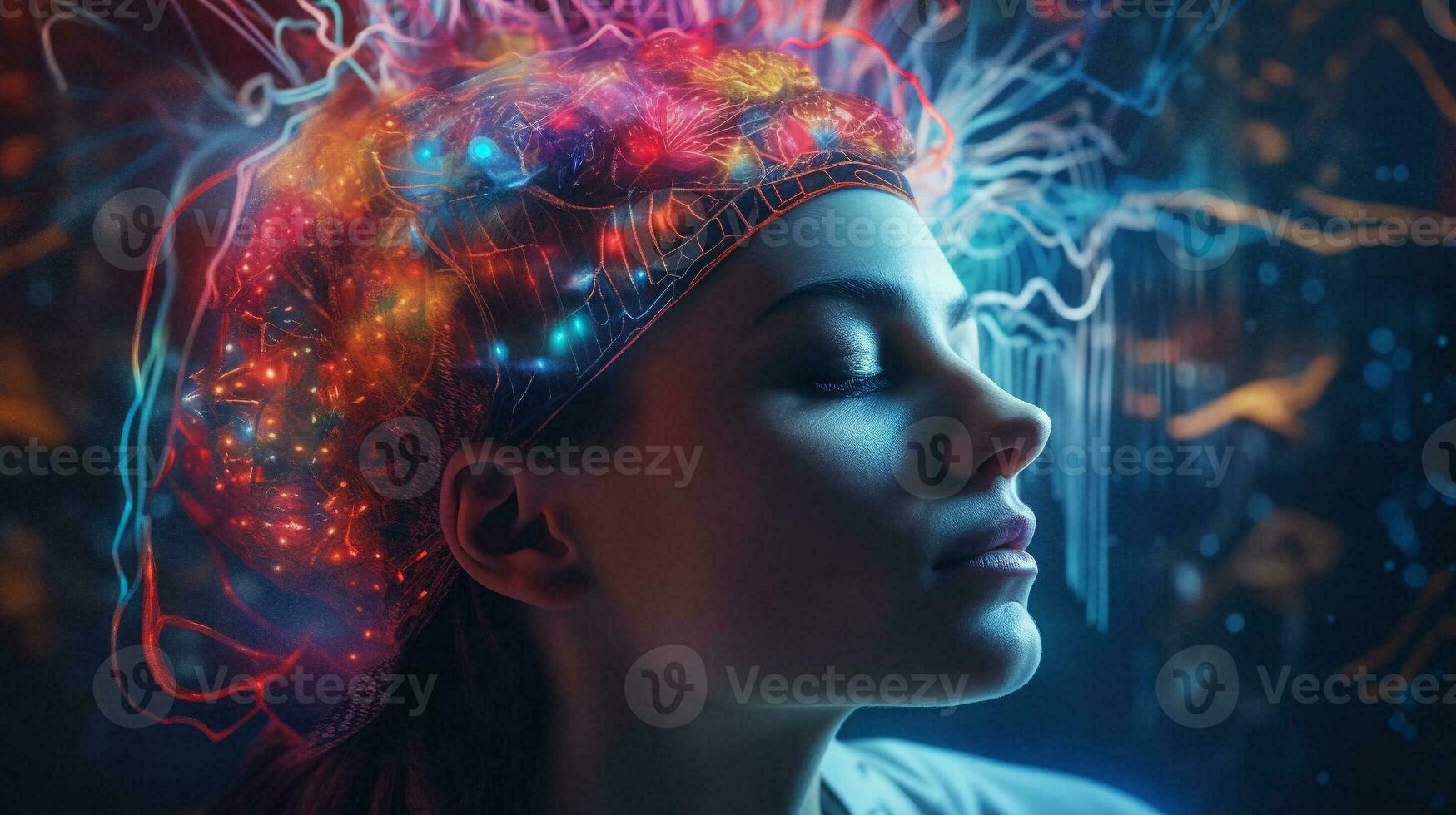 Brain on head of woman sleeping dreaming seeing AI Metaver. AI Generative. photo