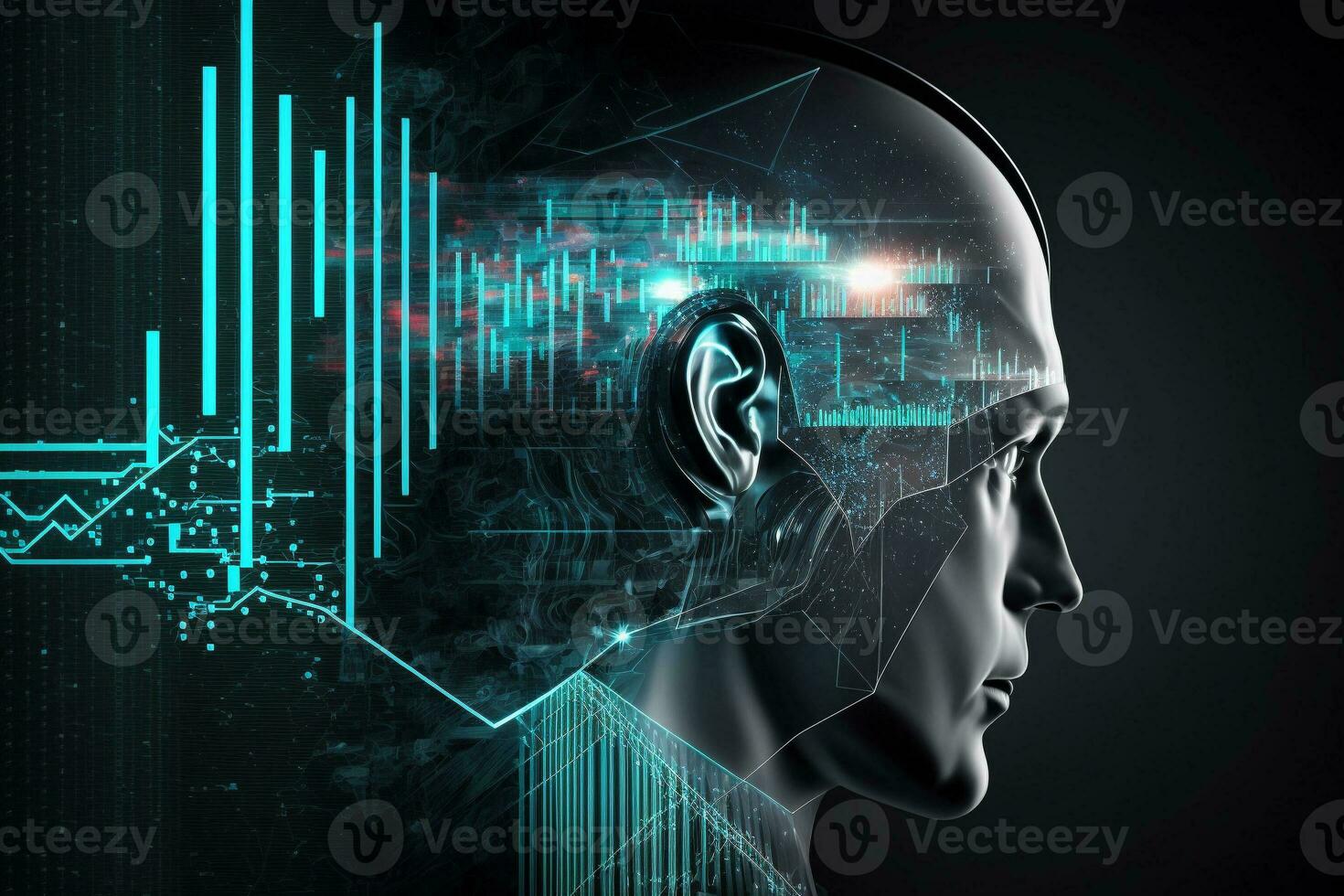 AI Metaverse concept collage with robots on Forex technology. AI Generative. photo