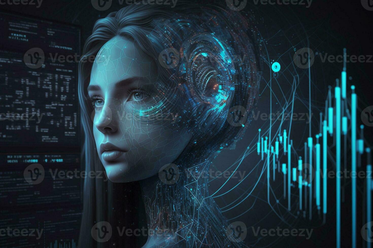 AI Metaverse concept collage with robots on Forex technology. AI Generative. photo