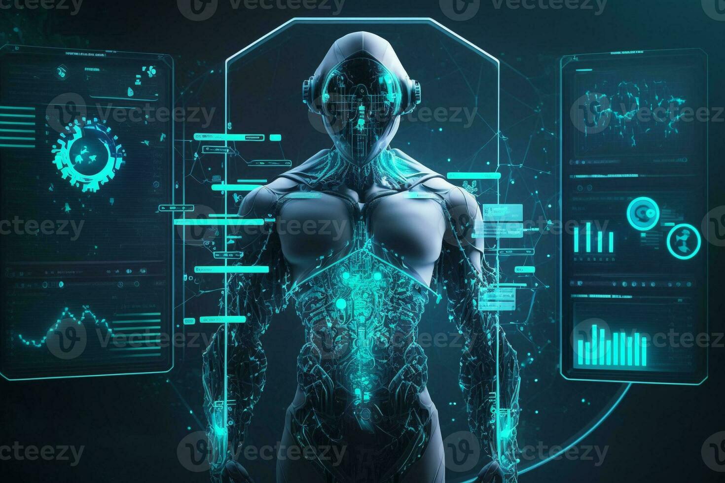 AI Metaverse concept collage with robots on Forex technology. AI Generative. photo