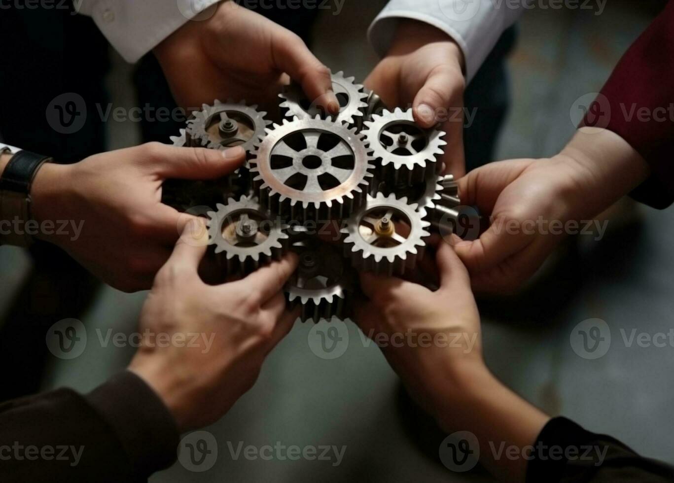 empresario conectando ruedas dentadas juntos a conferencia mesa, exitoso trabajo en equipo concepto. generativo ai. foto