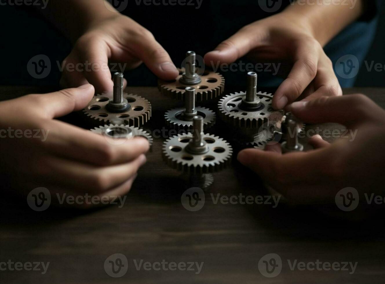 Businessman connecting cogwheels together at conference table, successful teamwork concept. Generative AI. photo