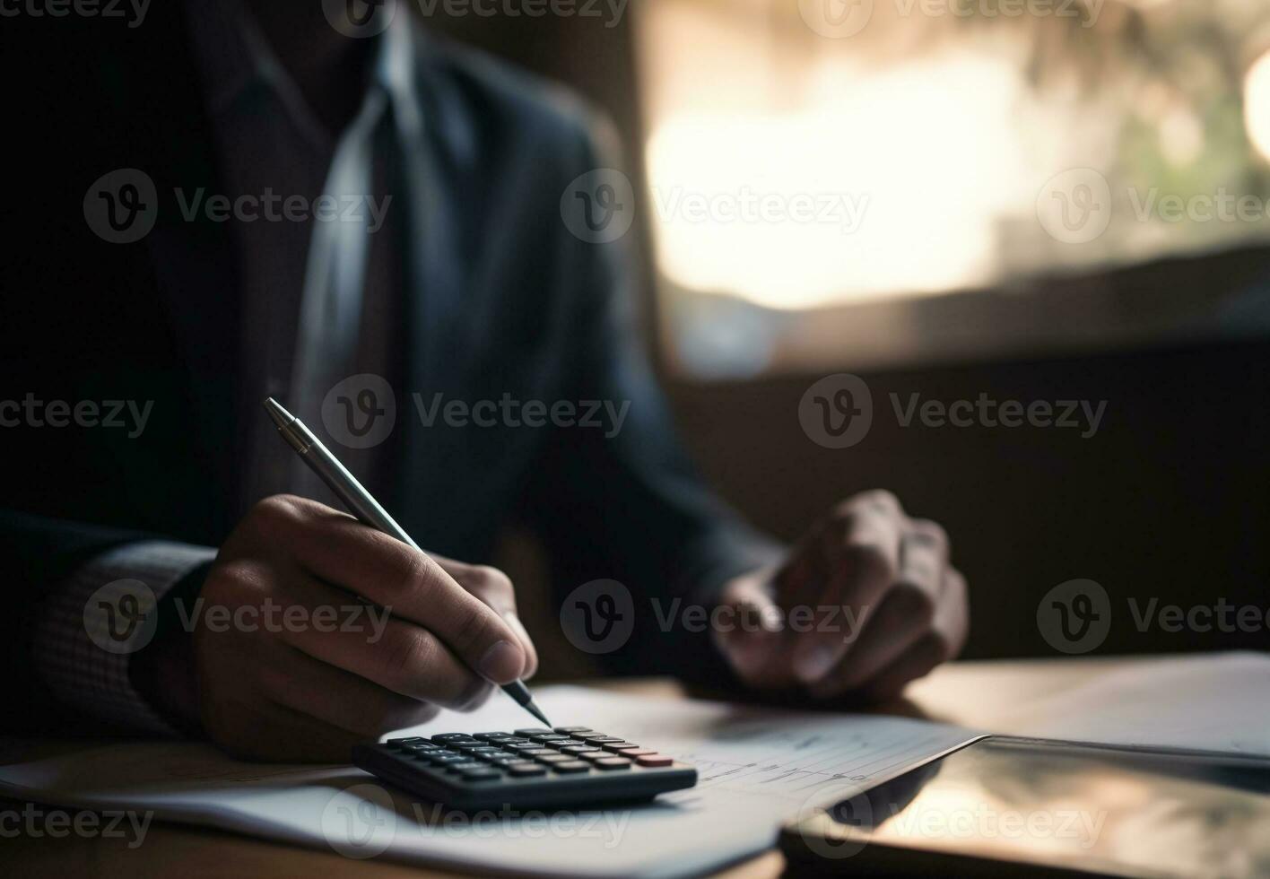 Businessman, artificial intelligence technology, keyboard, laptop, innovation, modern businessman. Generative AI. photo