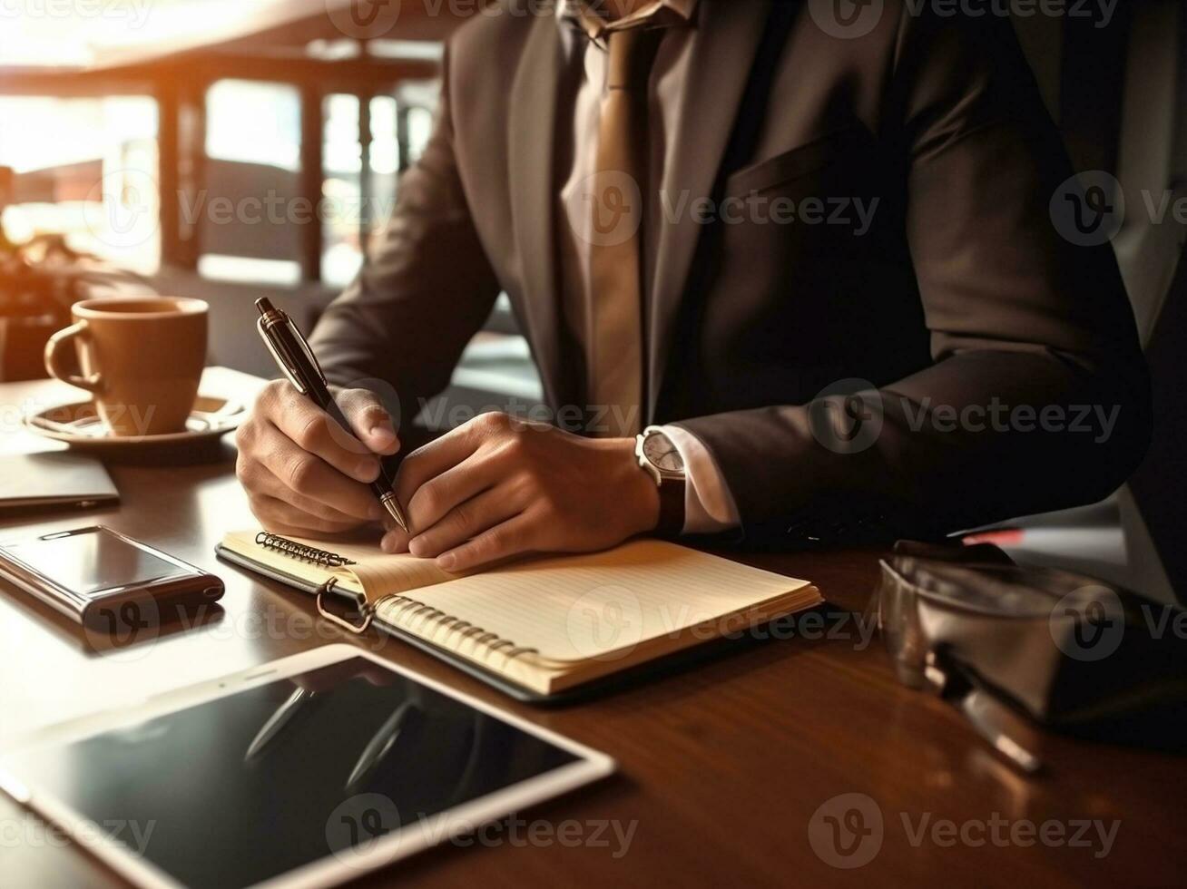 Businessman, artificial intelligence technology, keyboard, laptop, innovation, modern businessman. Generative AI. photo