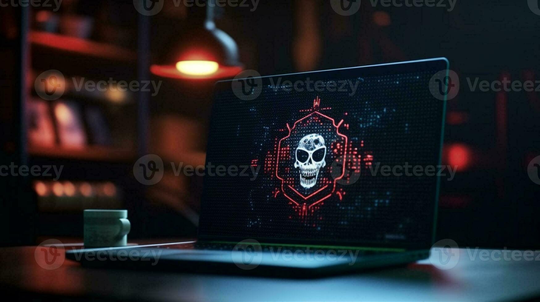 Technology and engineering concept Hacker attack system, red alert sign hologram and cybersecurity icons on empty space for text. photo