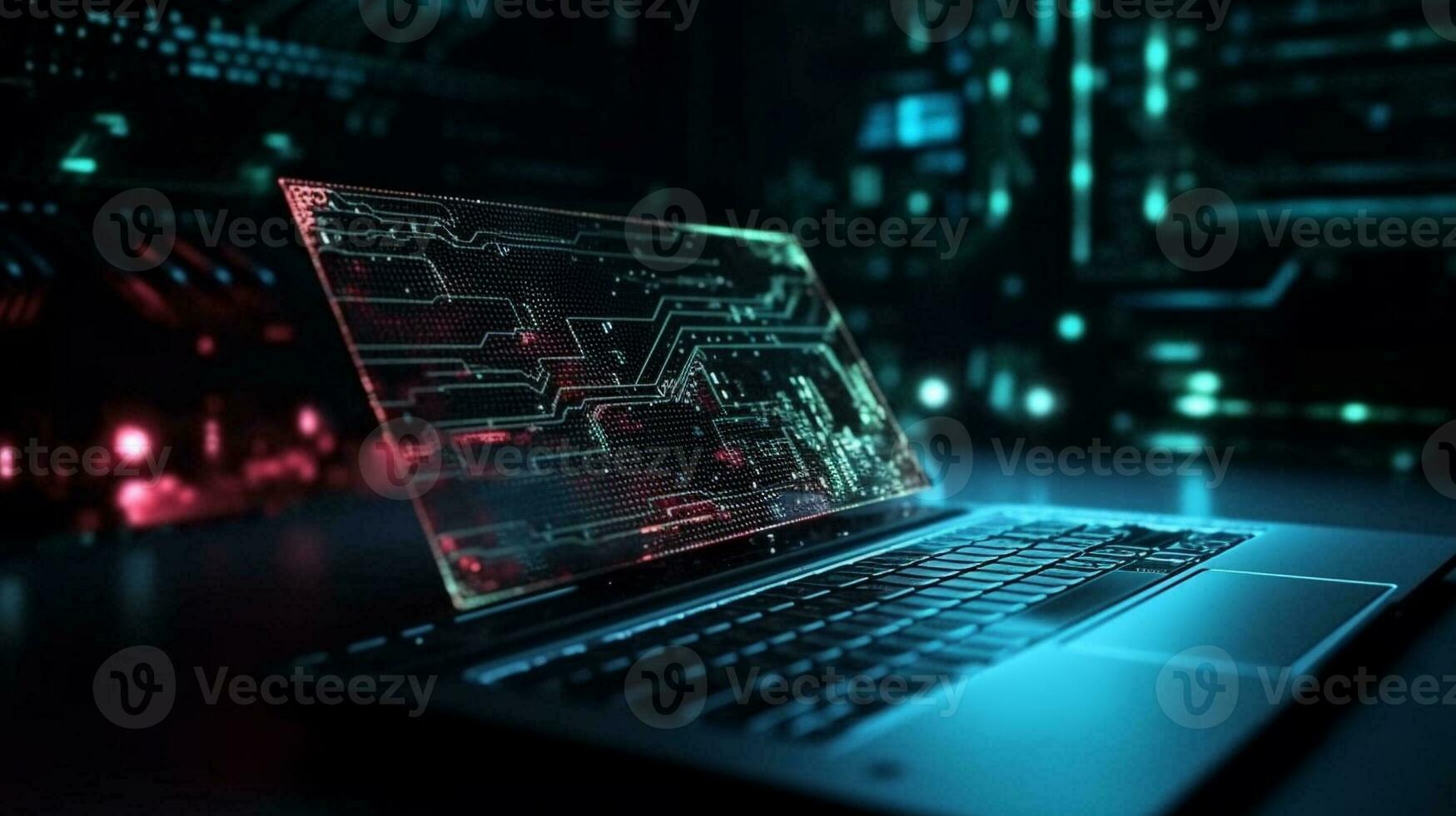 Technology and engineering concept Hacker attack system, red alert sign hologram and cybersecurity icons on empty space for text. photo