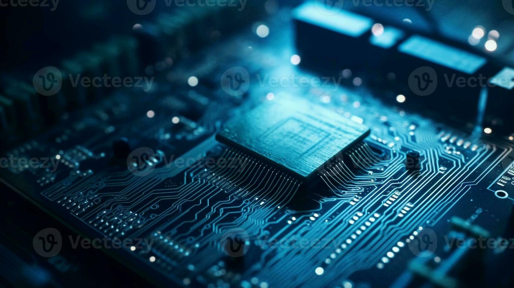 Microcircuits of the computer chip close up. AI Generative. photo