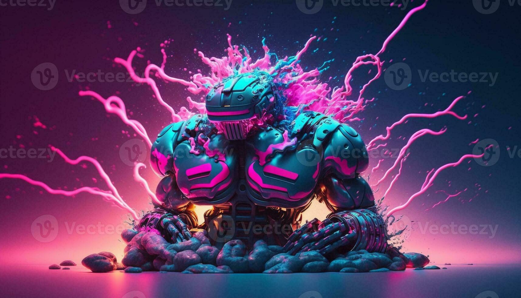 Exploding AI Metaverse Robot with Digital art style. Electric man superhero uses evil forces. photo