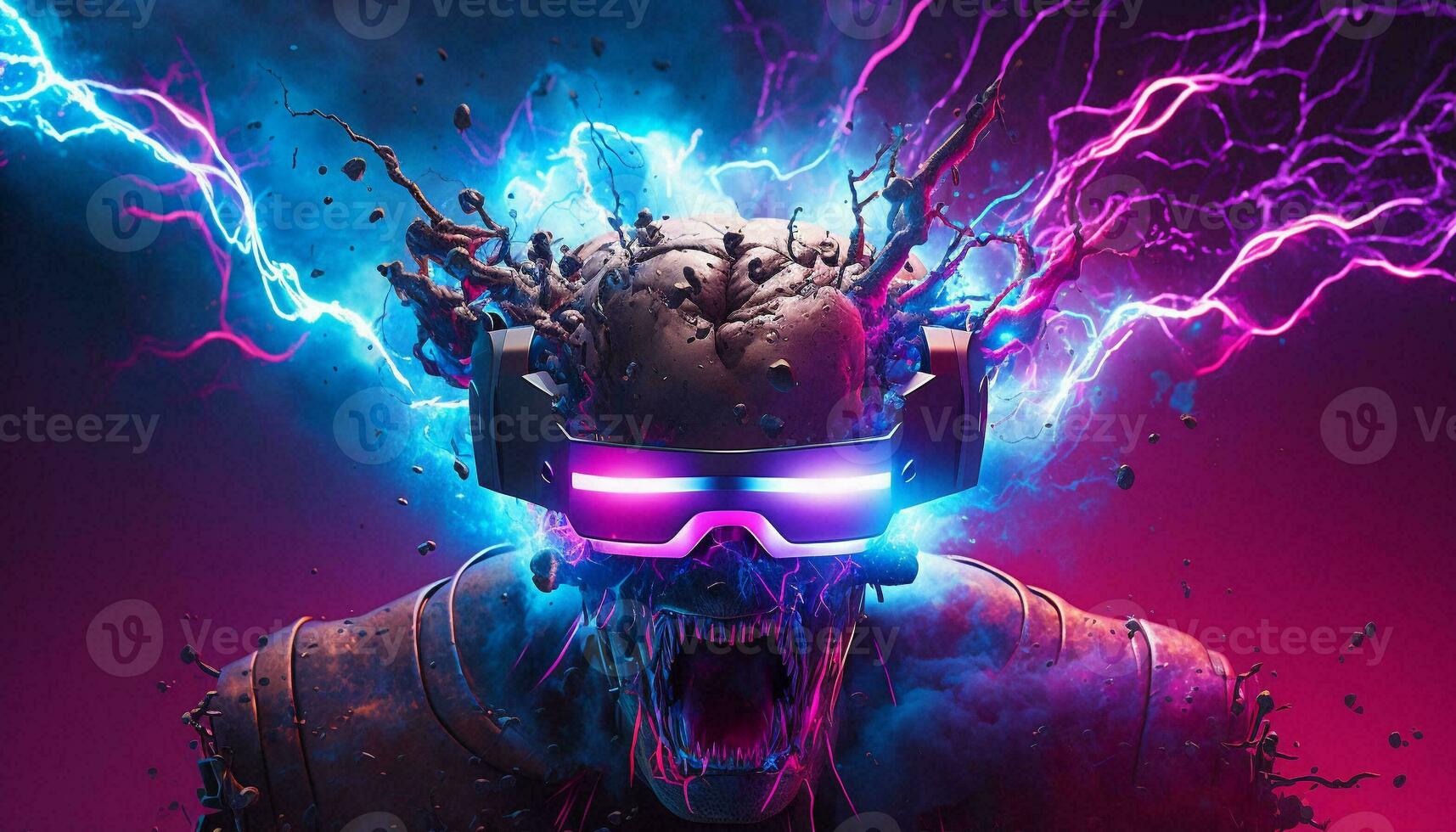 Exploding AI Metaverse Robot with Digital art style. Electric man superhero uses evil forces. photo