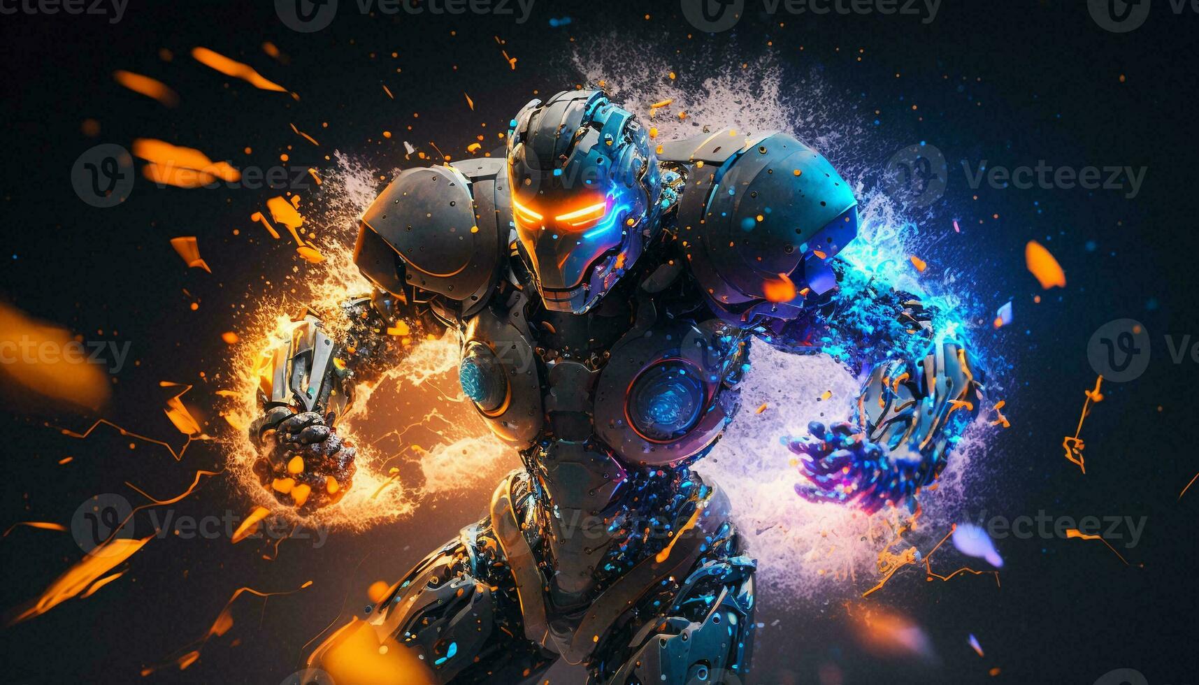 Exploding AI Metaverse Robot with Digital art style. Electric man superhero uses evil forces. photo