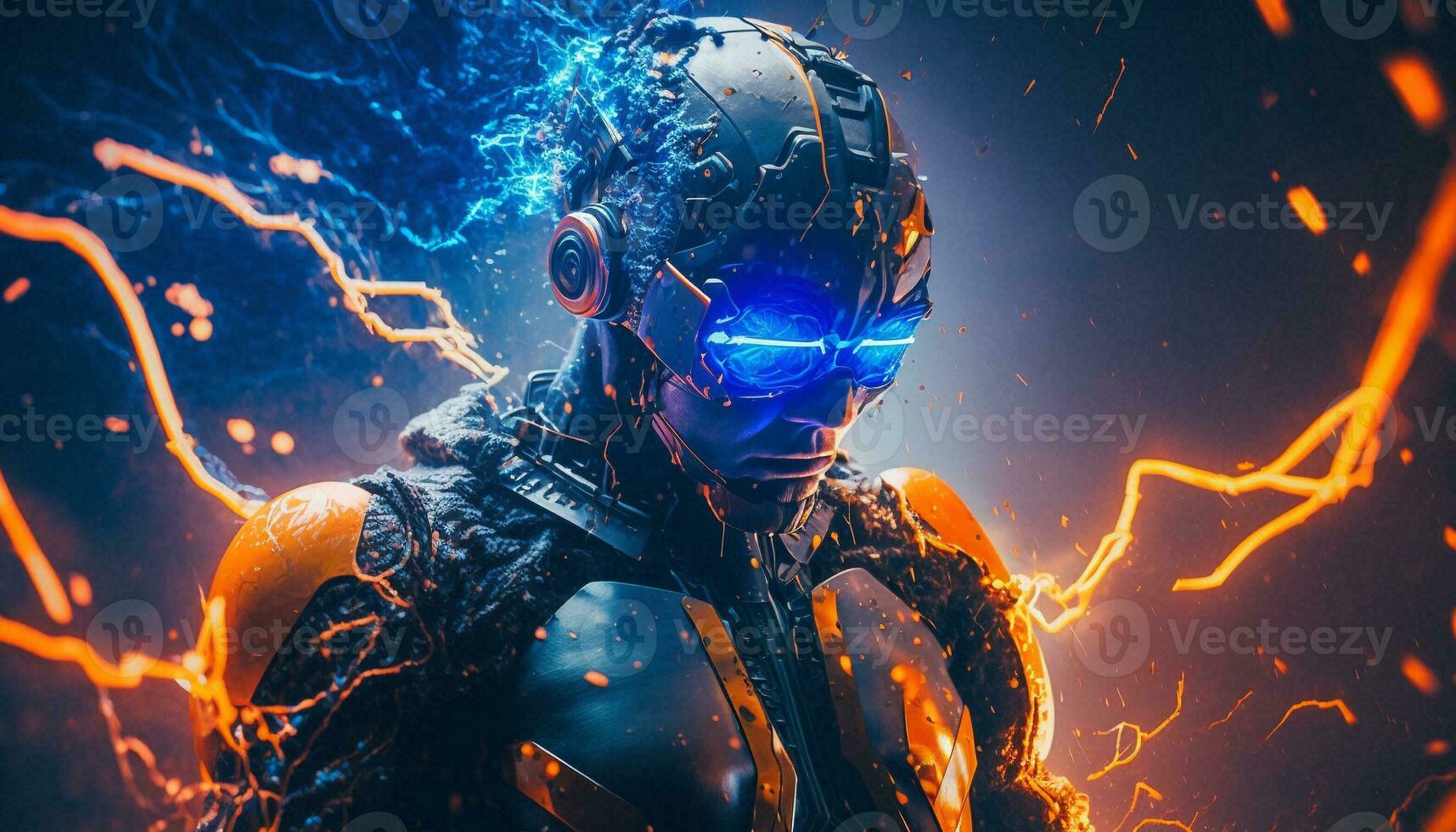 Exploding AI Metaverse Robot with Digital art style. Electric man superhero uses evil forces. photo