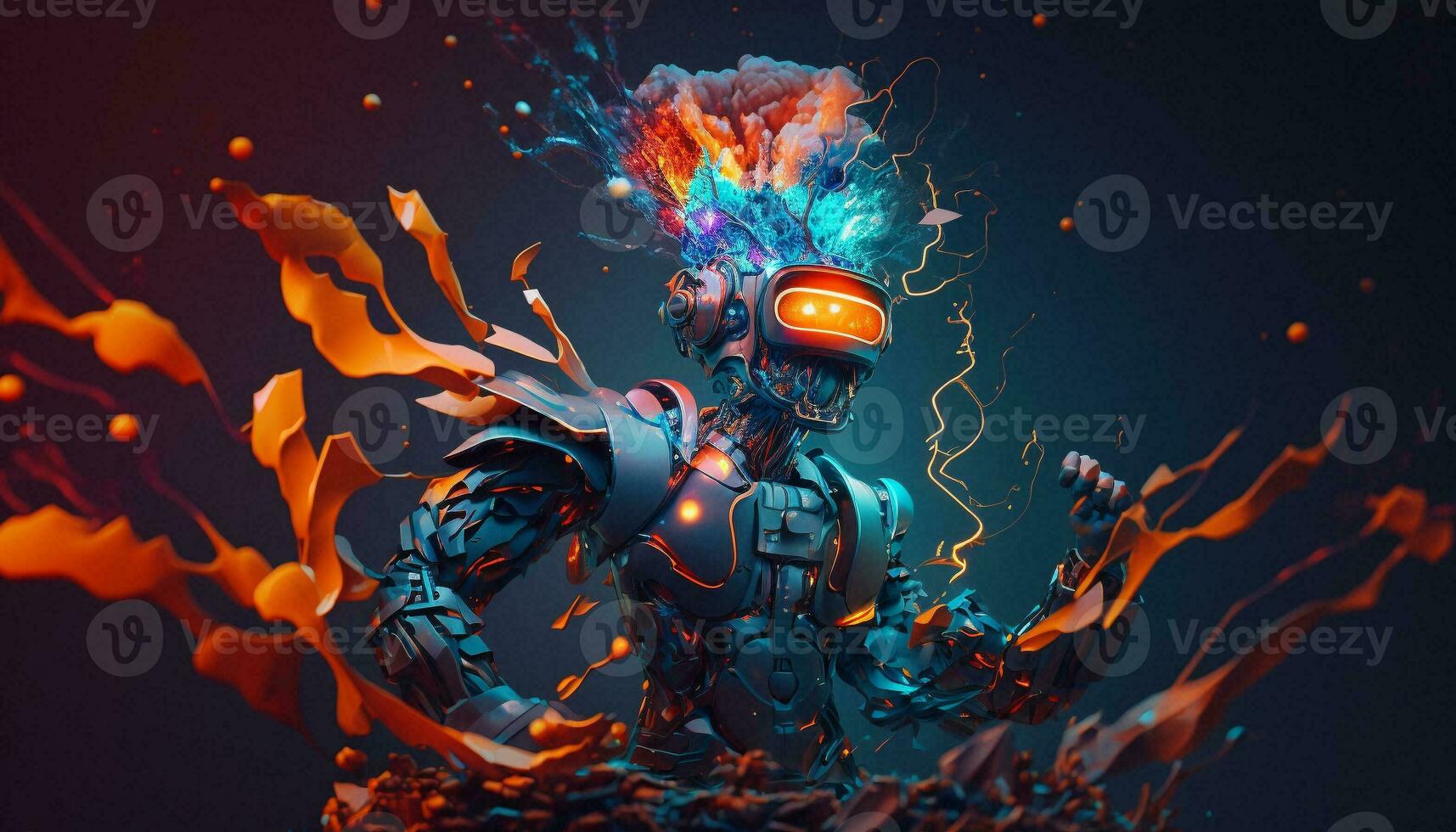 Exploding AI Metaverse Robot with Digital art style. Electric man superhero uses evil forces. photo