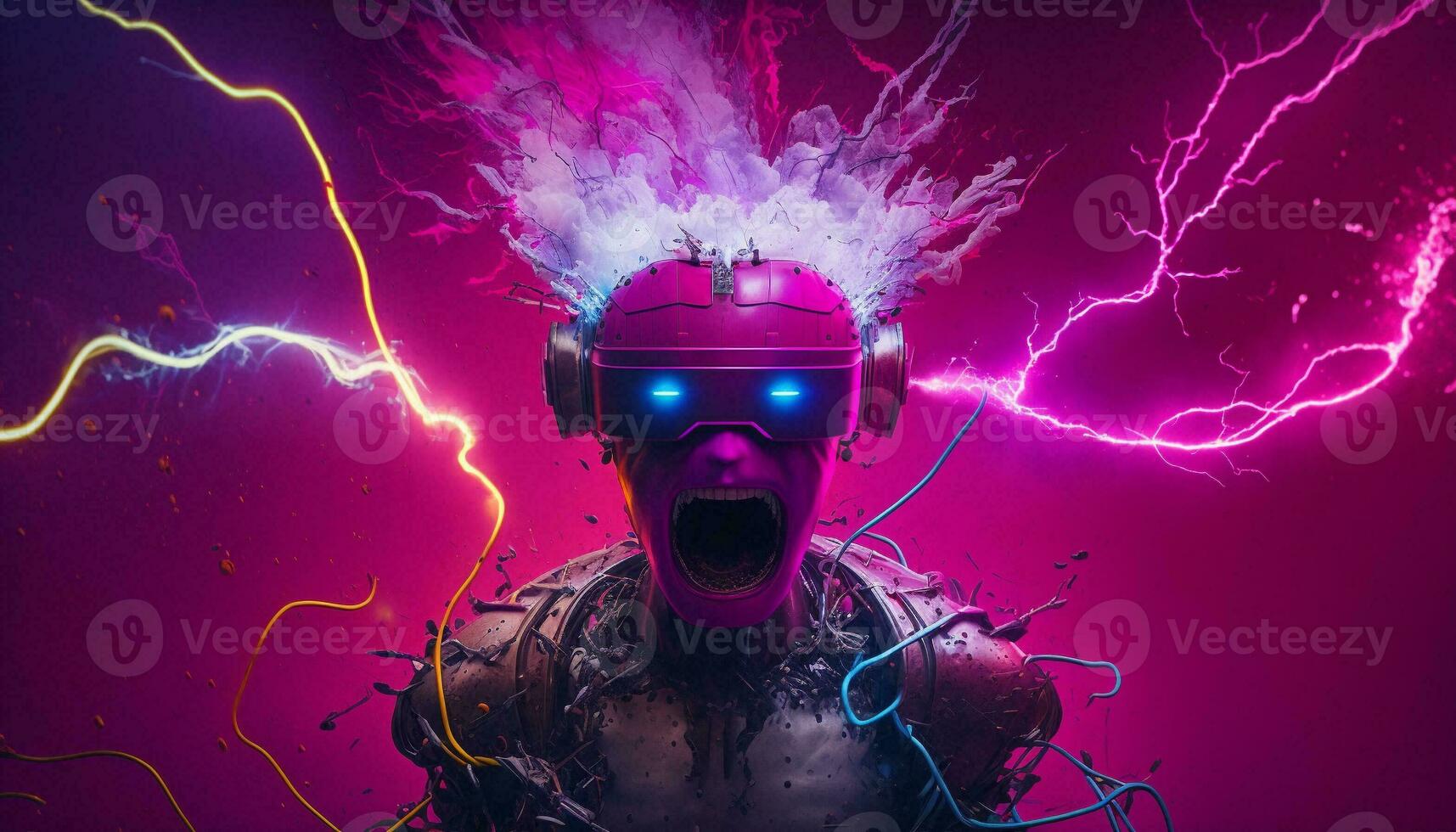 Exploding AI Metaverse Robot with Digital art style. Electric man superhero uses evil forces. photo