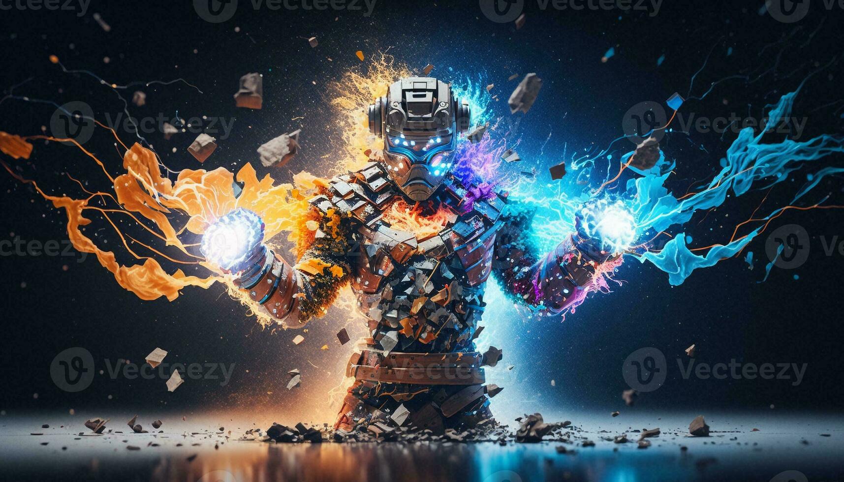 Exploding AI Metaverse Robot with Digital art style. Electric man superhero uses evil forces. photo
