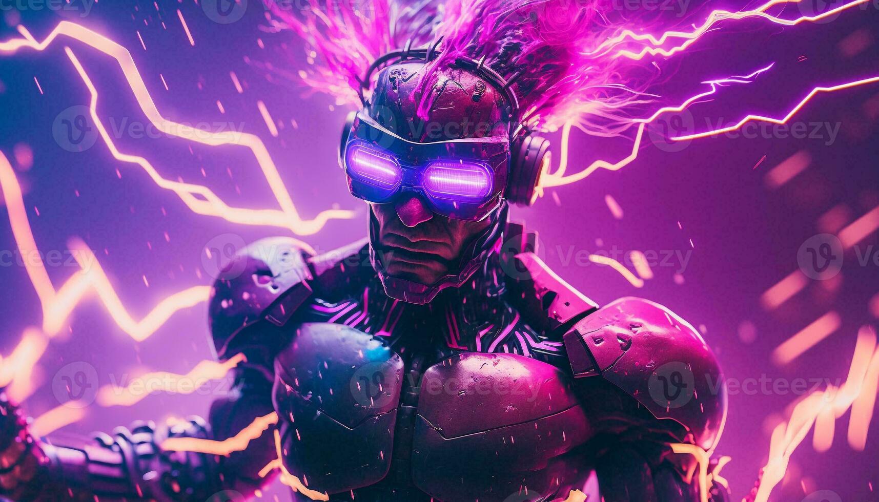 Exploding AI Metaverse Robot with Digital art style. Electric man superhero uses evil forces. photo
