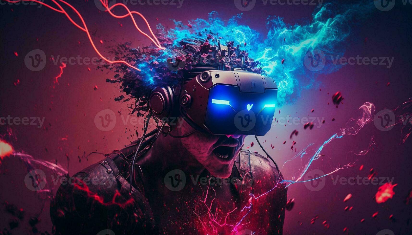 Exploding AI Metaverse Robot with Digital art style. Electric man superhero uses evil forces. photo