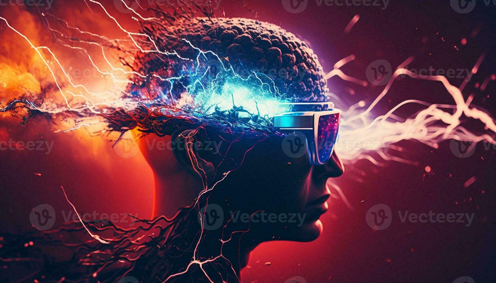 Exploding AI Metaverse Robot with Digital art style. Electric man superhero uses evil forces. photo