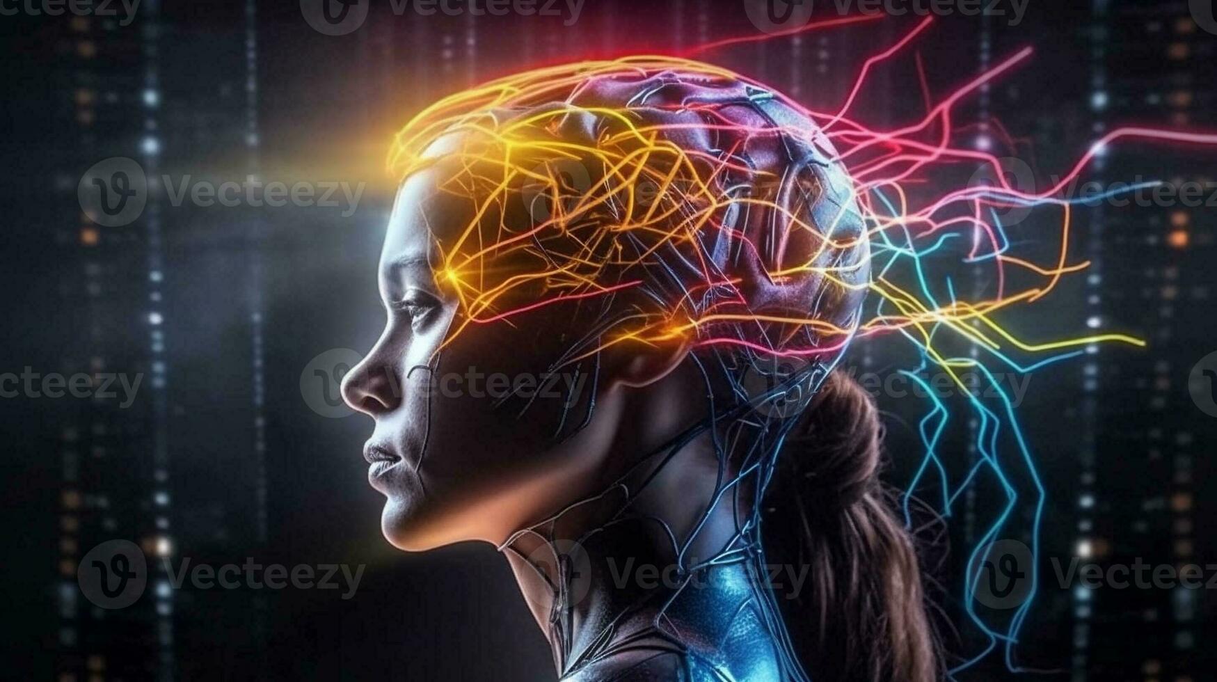 Beautiful fantasy abstract portrait of young woman With colorful digital paint splashes on empty space for text. photo