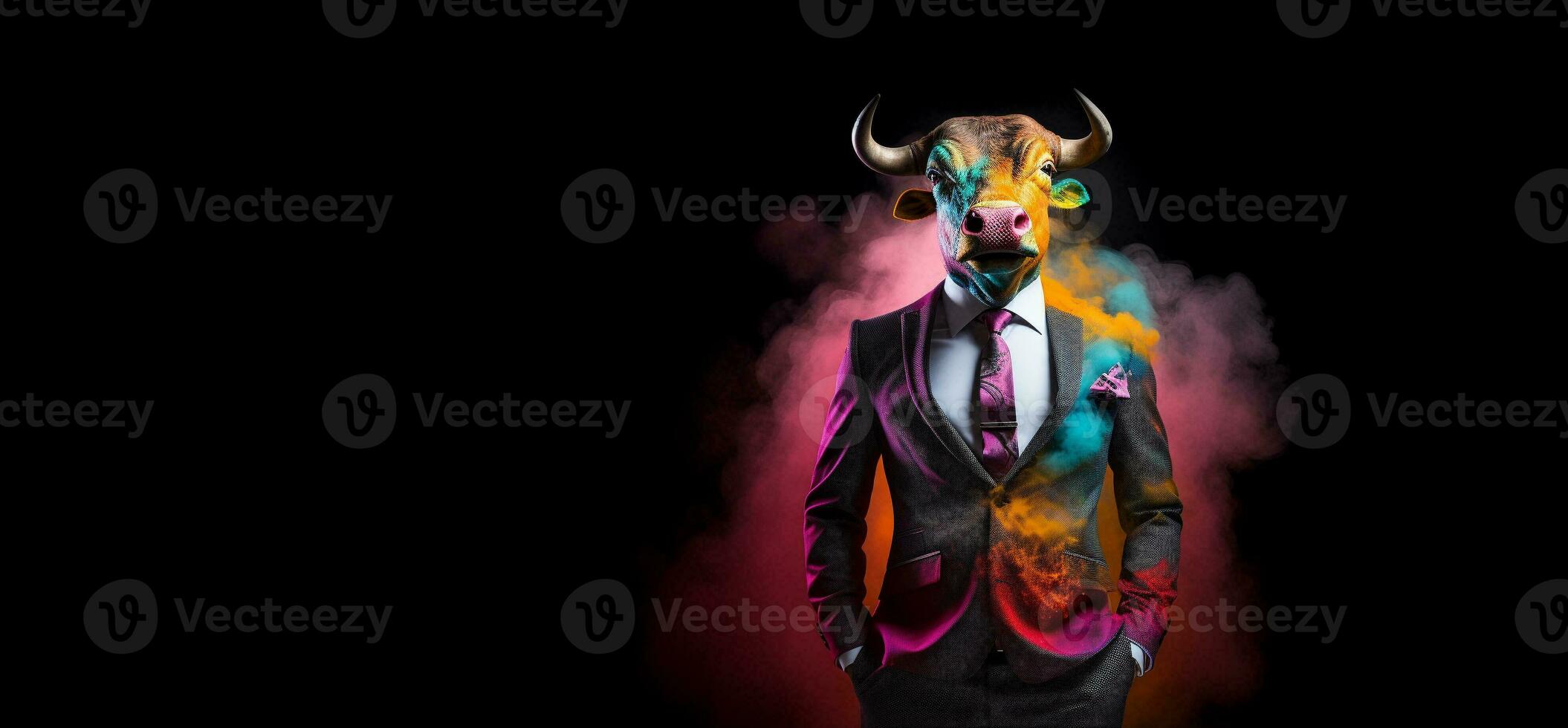 Front view of a bull wearing a suit standing animated burs. AI Generative. photo