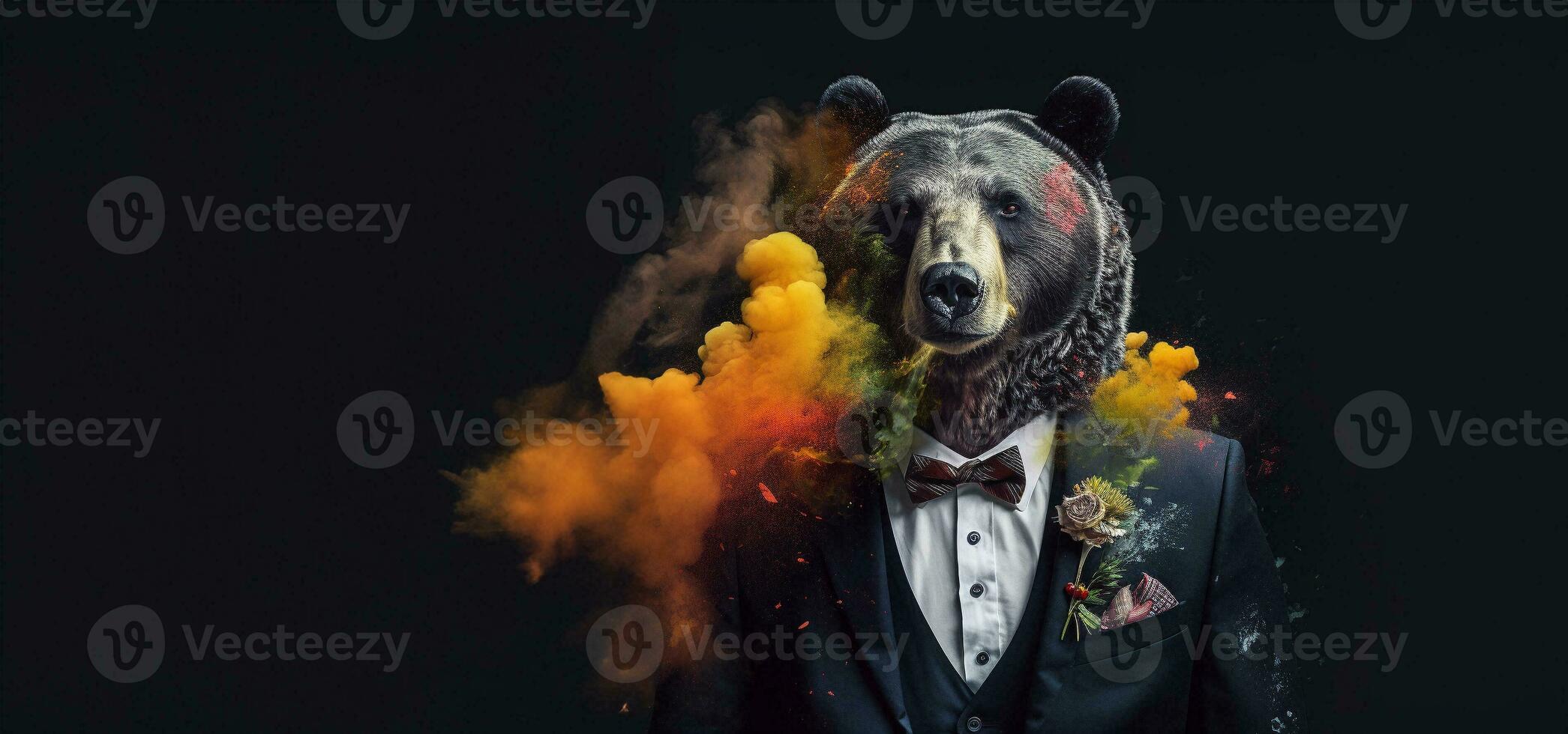 Front view of a black bear wearing a suit standing animate. AI Generative. photo