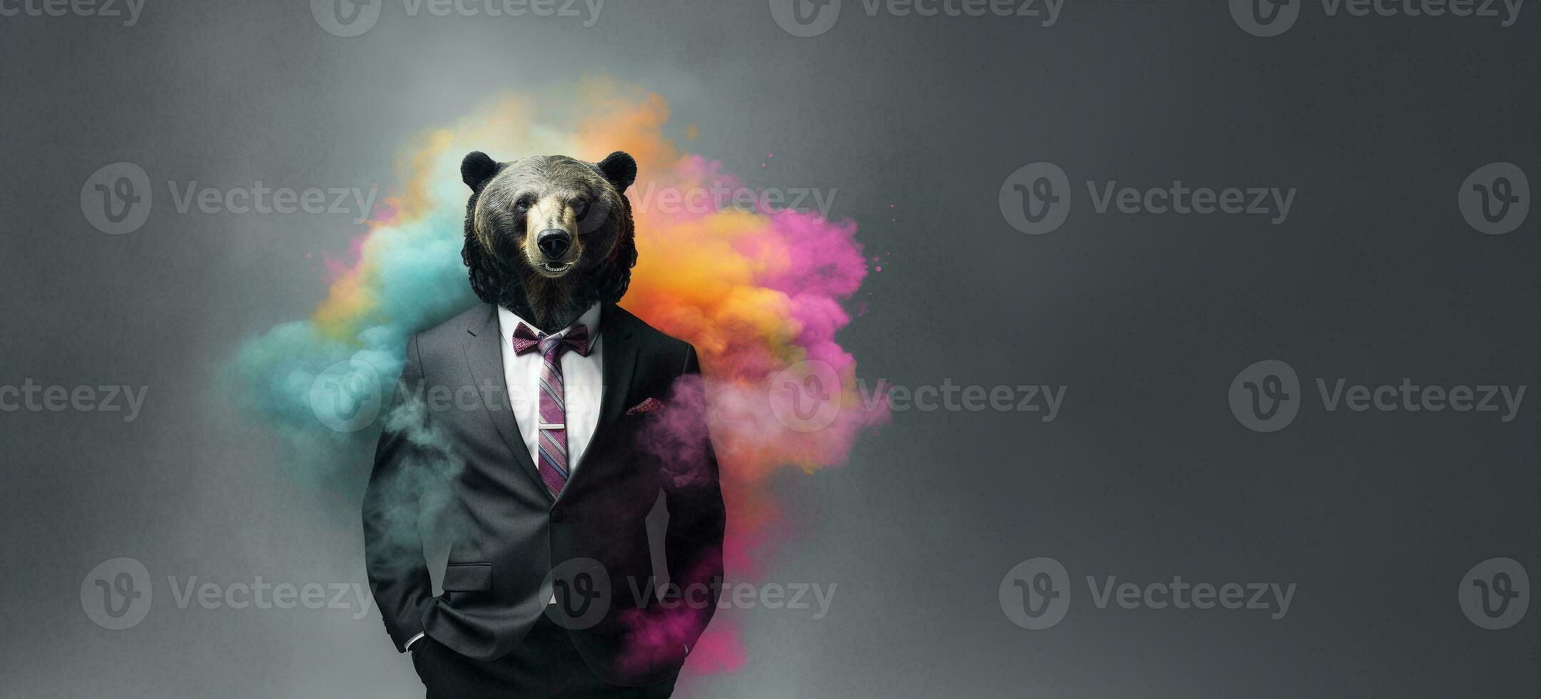 Front view of a black bear wearing a suit standing animate. AI Generative. photo