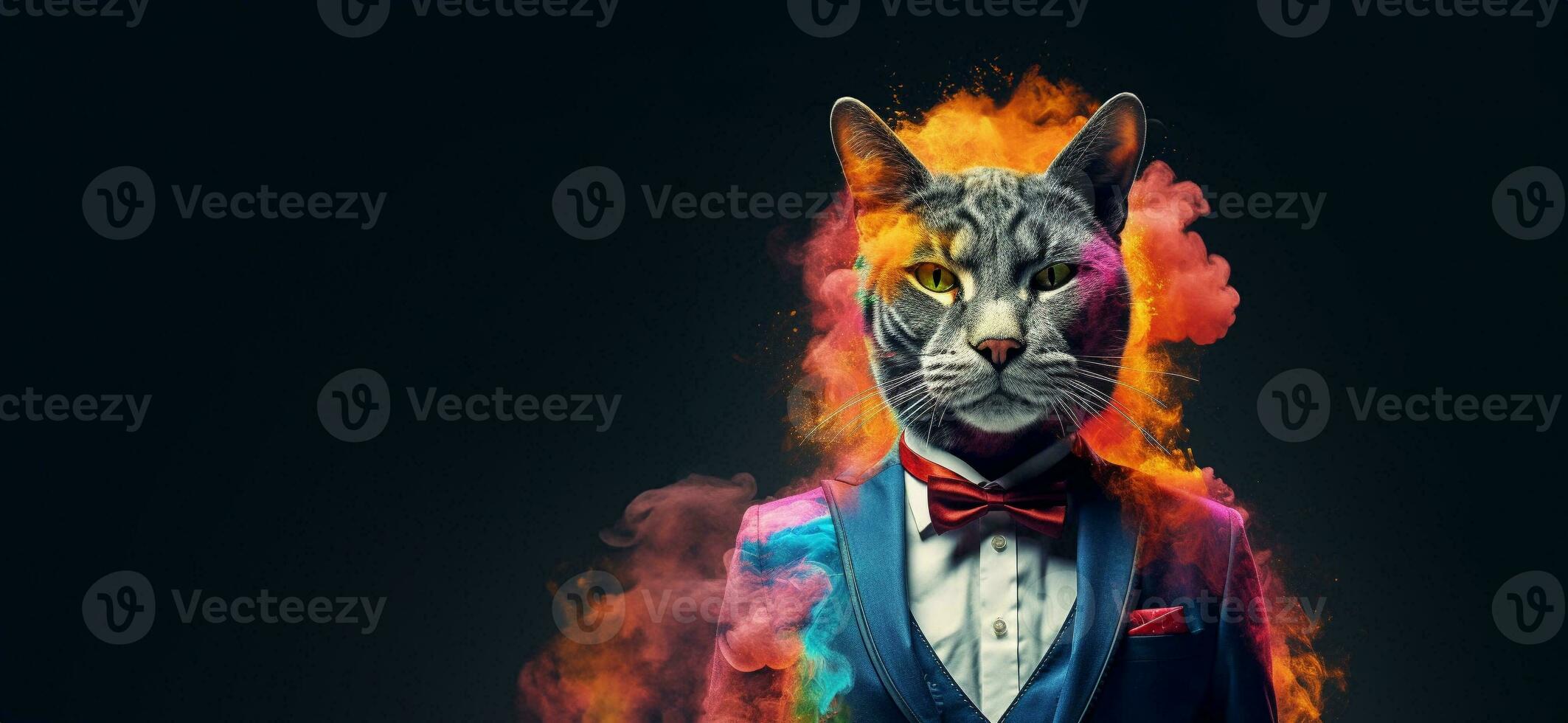 Front view of a cat wearing a suit Standing animated burst. AI Generative. photo