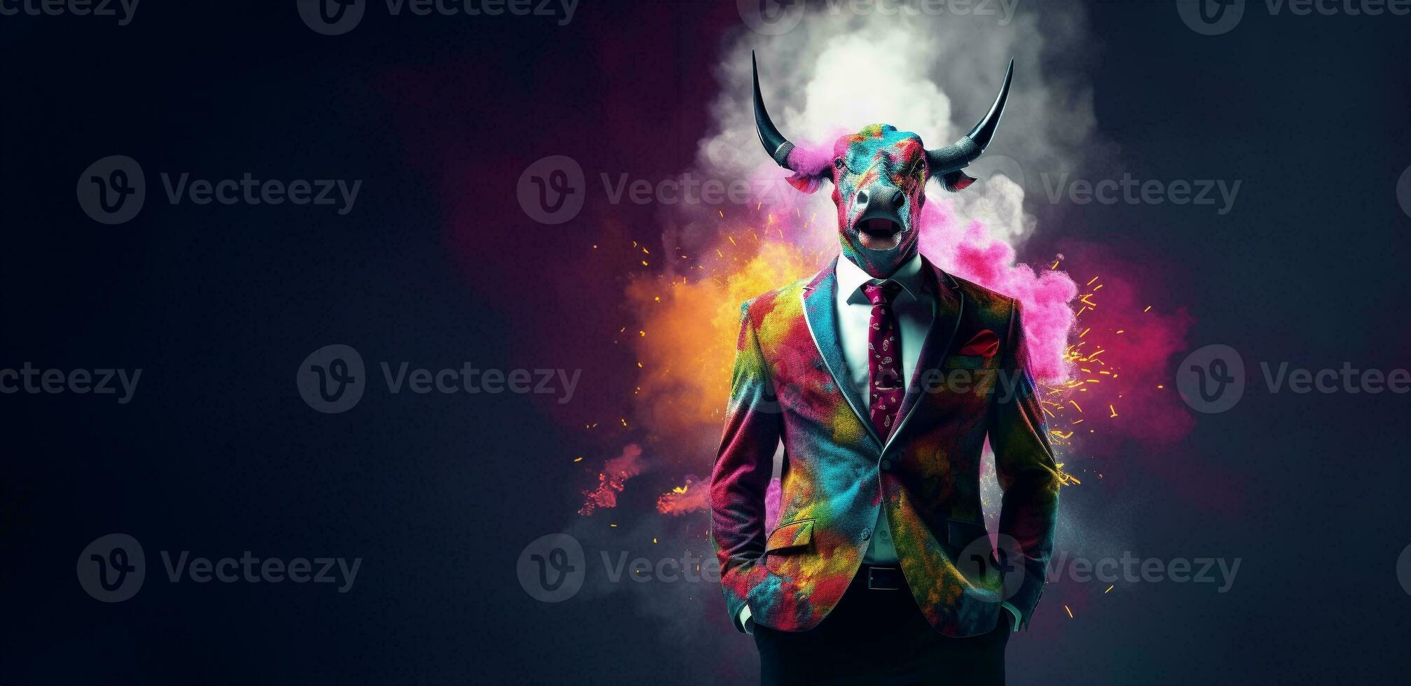 Front view of a bull wearing a suit standing animated burs. AI Generative. photo