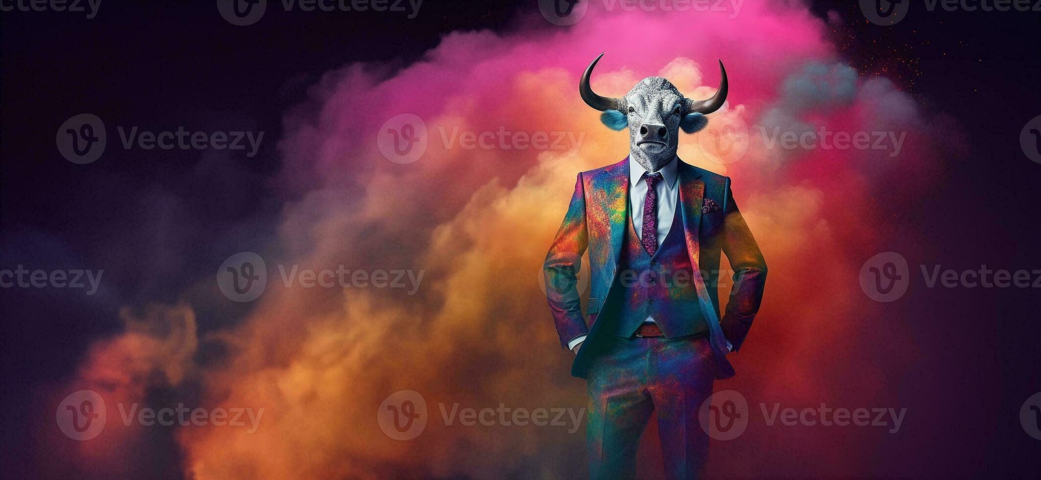 Front view of a bull wearing a suit standing animated burs. AI Generative. photo