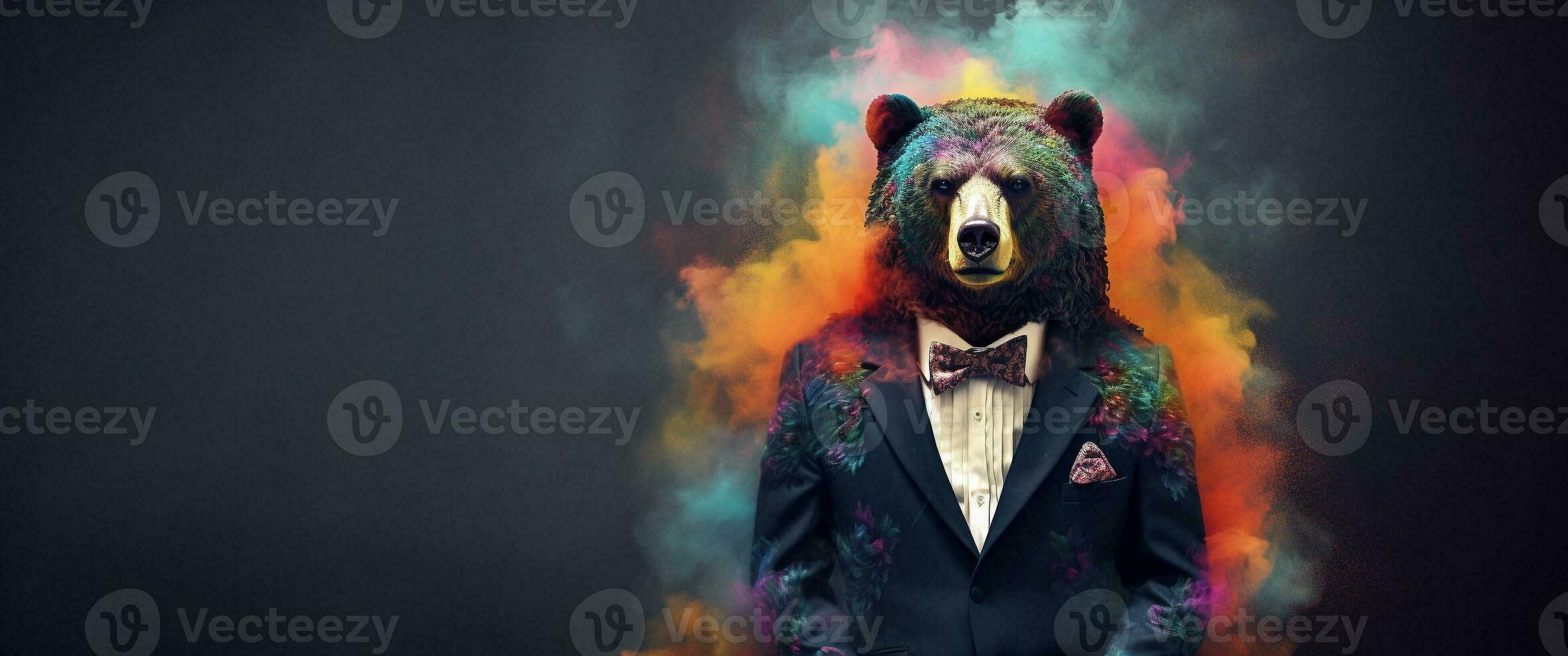Front view of a black bear wearing a suit standing animate. AI Generative. photo