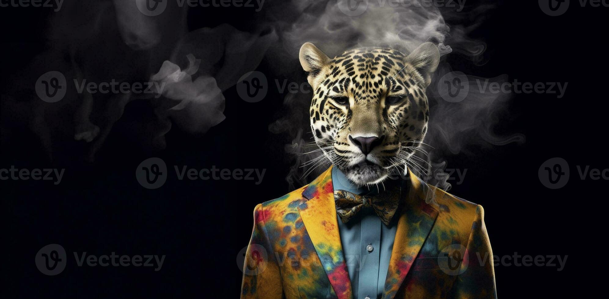 Front view of a tiger wearing a suit standing animated bur. AI Generative. photo