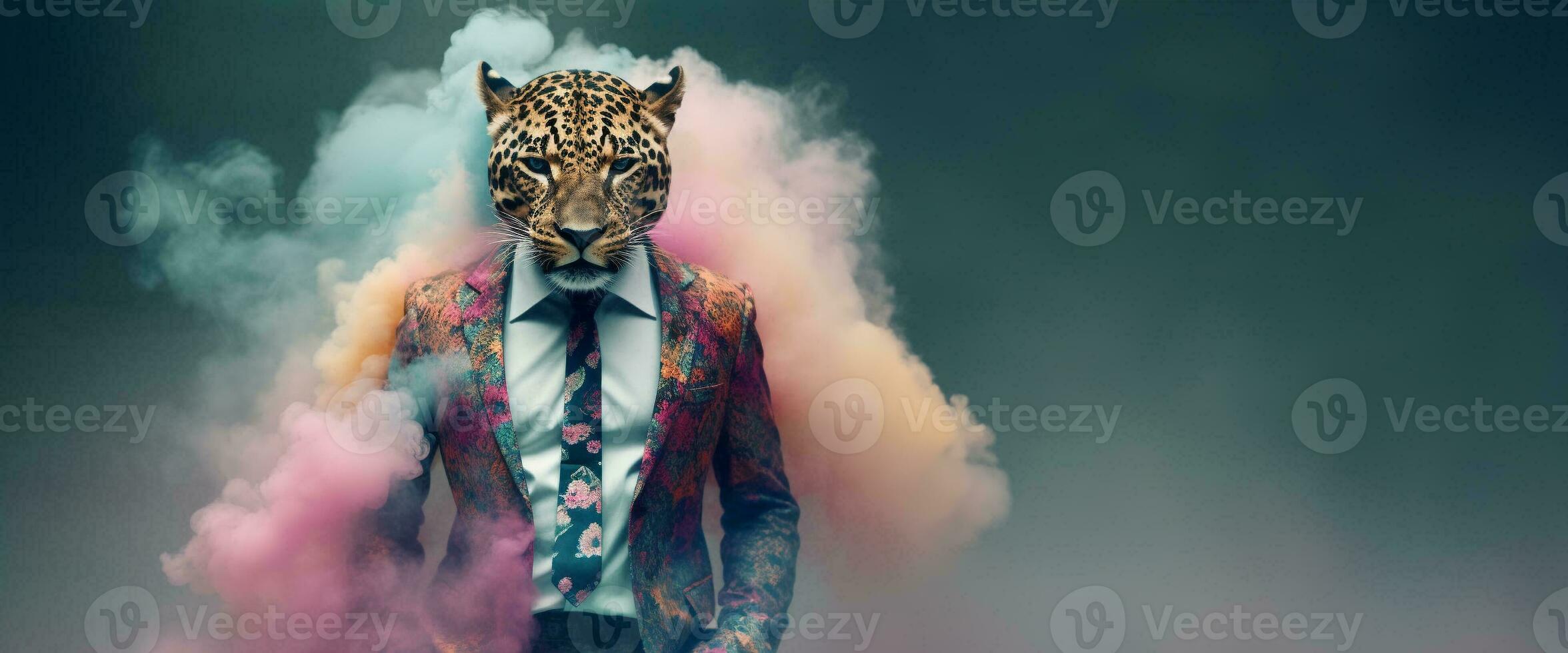 Front view of a tiger wearing a suit standing animated bur. AI Generative. photo