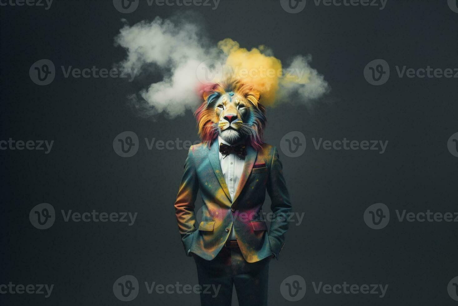 Front view of a lion wearing a suit standing animated burs. AI Generative. photo