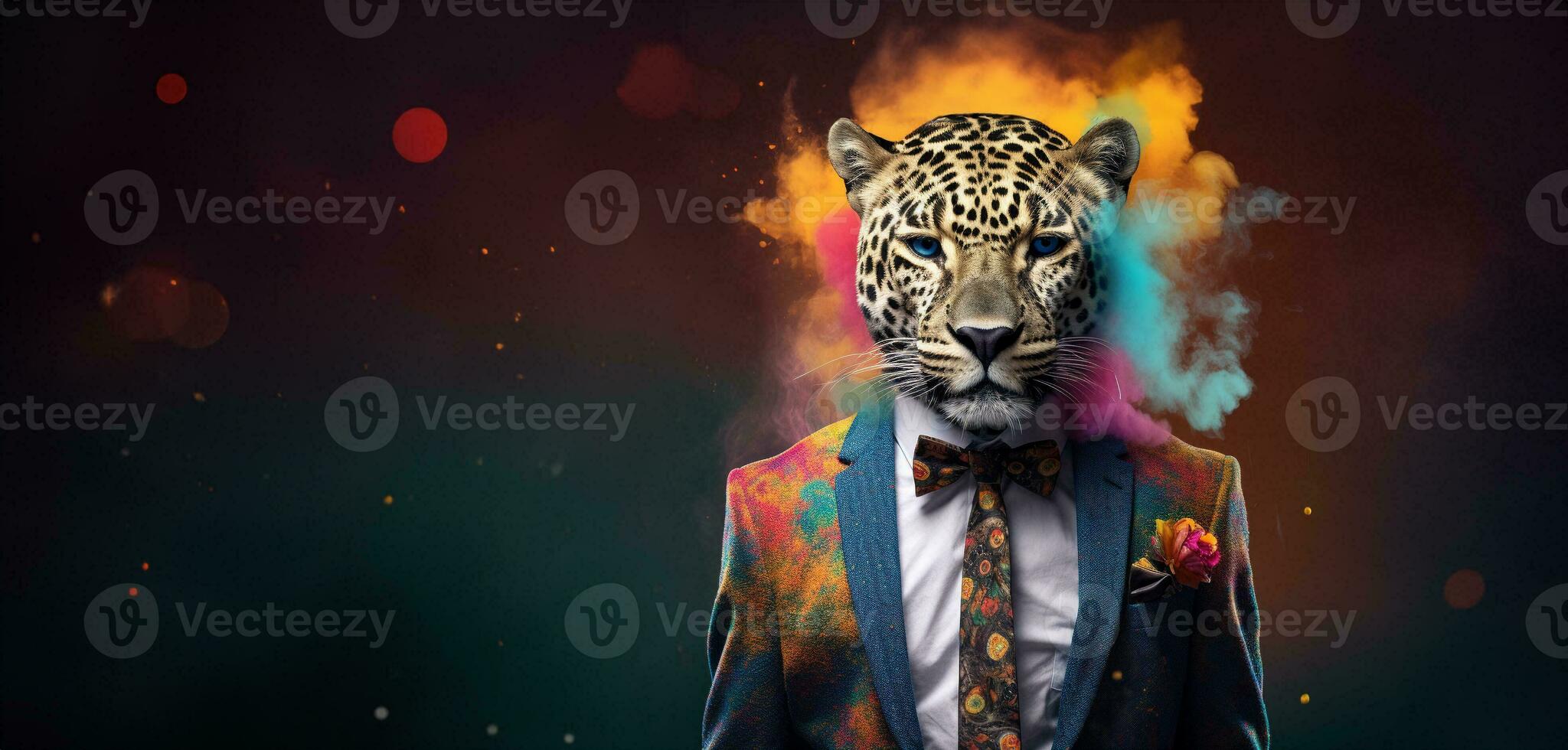 Front view of a tiger wearing a suit standing animated bur. AI Generative. photo