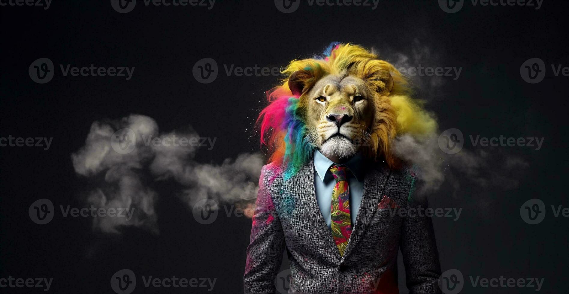 frente ver de un león vistiendo un traje en pie animado fresas ai generativo. foto