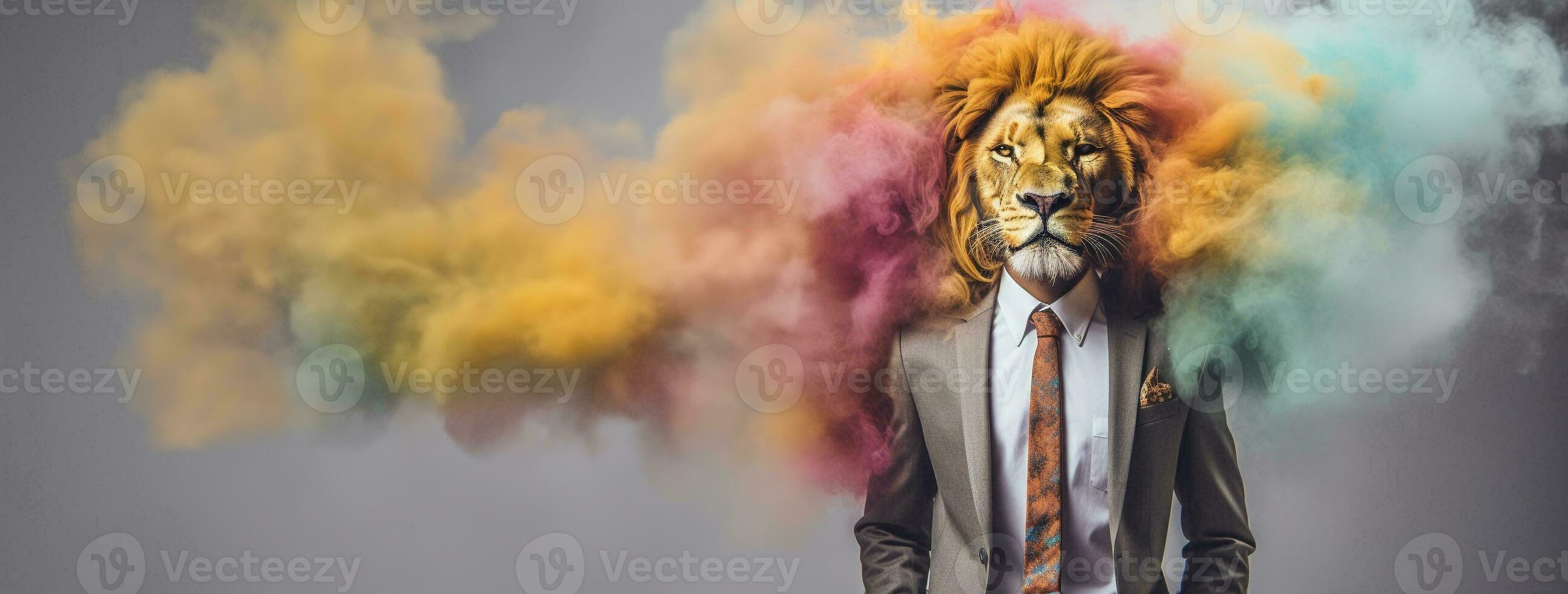 Front view of a lion wearing a suit standing animated burs. AI Generative. photo