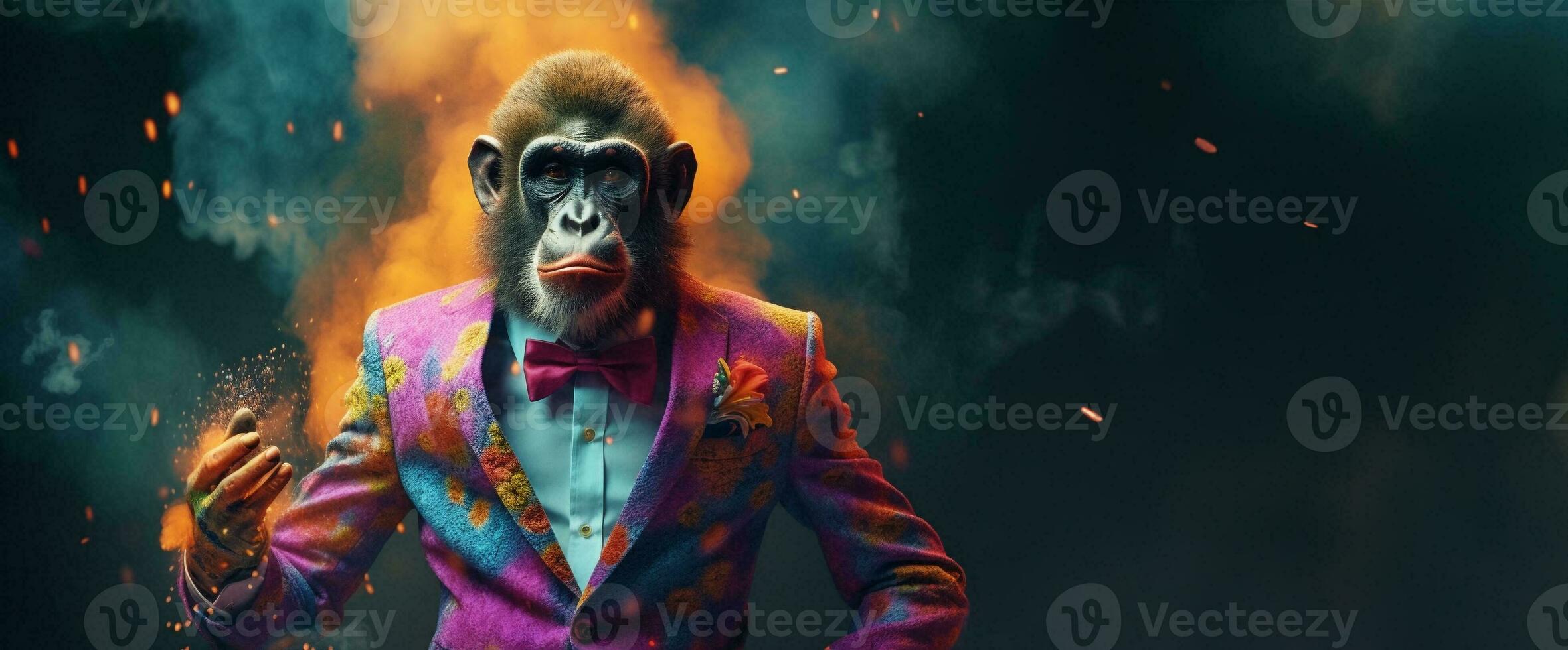 Front view of a monkey wearing a suit standing animated burs. AI Generative. photo