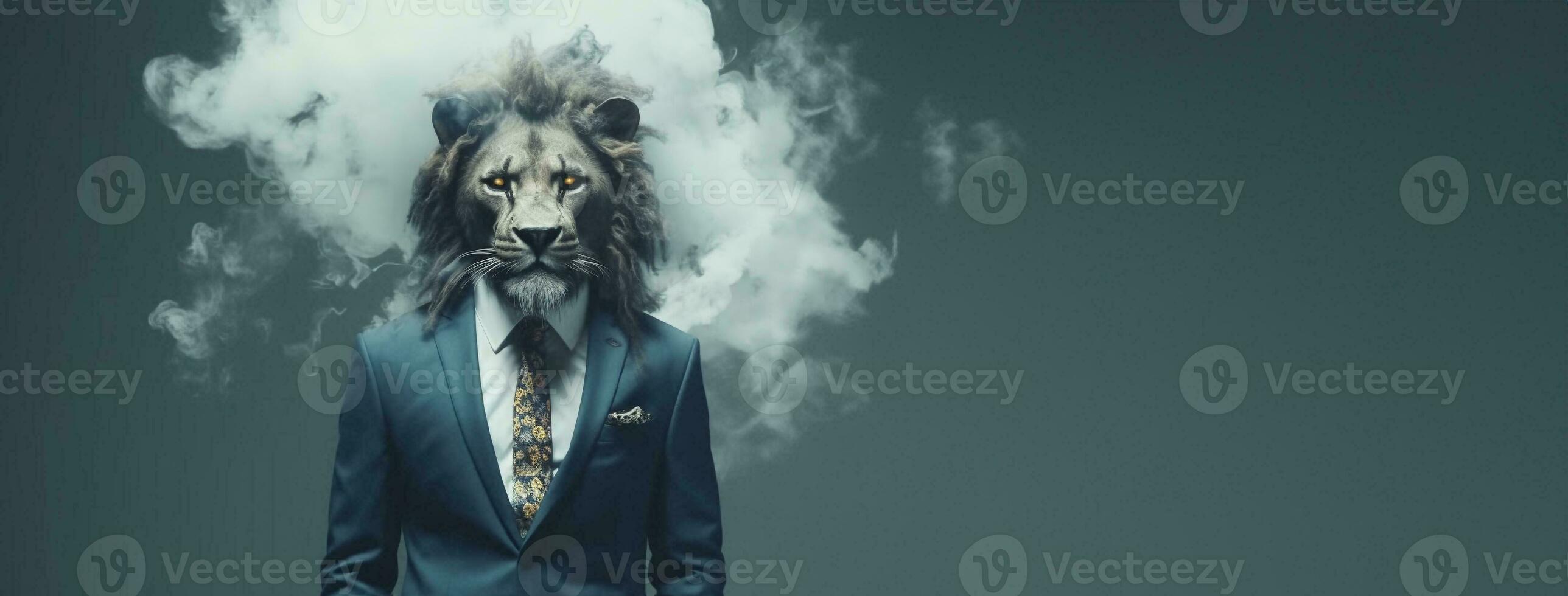 Front view of a lion wearing a suit standing animated burs. AI Generative. photo
