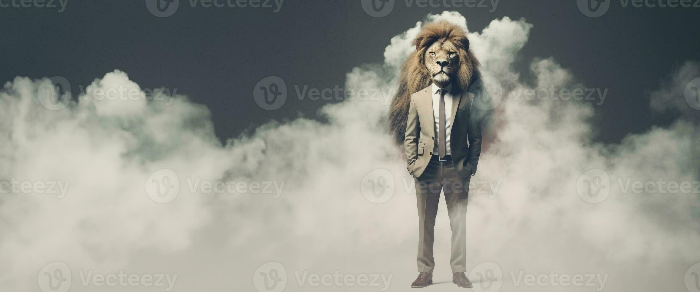 Front view of a lion wearing a suit standing animated burs. AI Generative. photo