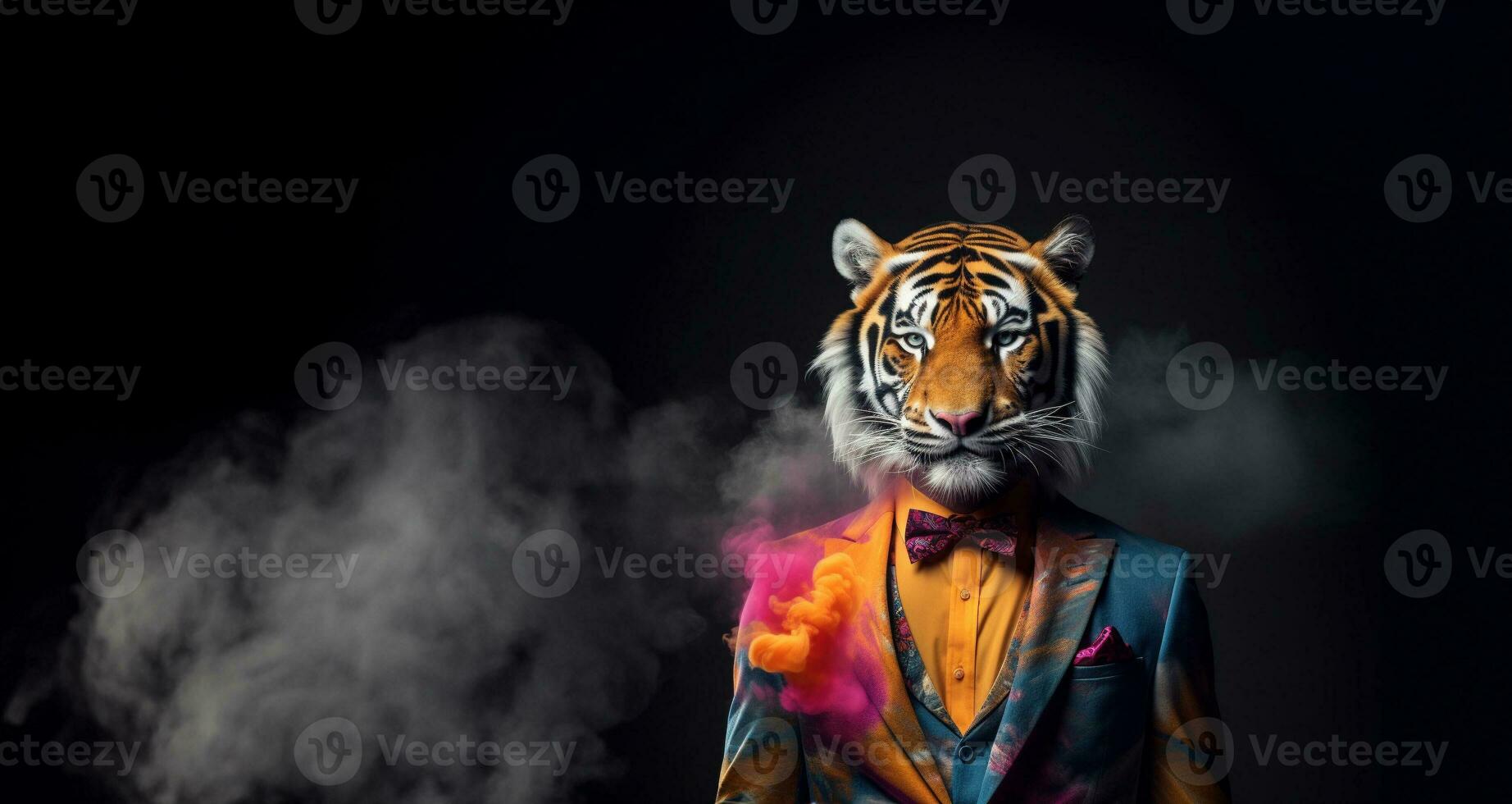 Front view of a tiger wearing a suit standing animated bur. AI Generative. photo