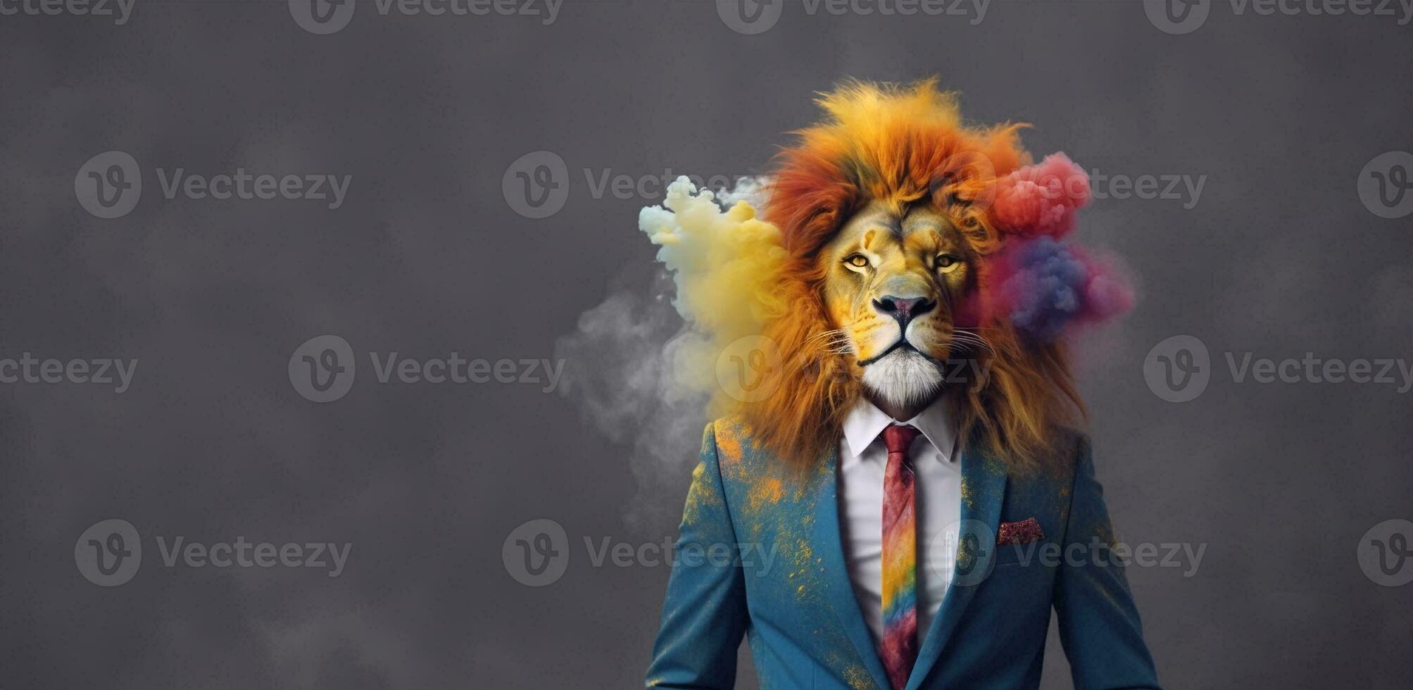 Front view of a lion wearing a suit standing animated burs. AI Generative. photo
